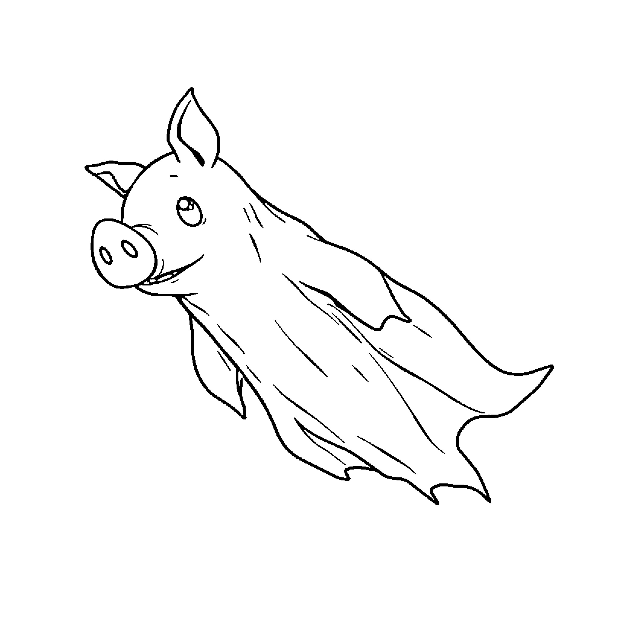 Ghost pig flying playfully through the air Coloring Page (free black-and-white line drawing printable PDF for all, from beginners to advanced learners, including children, teens, adults, and seniors)