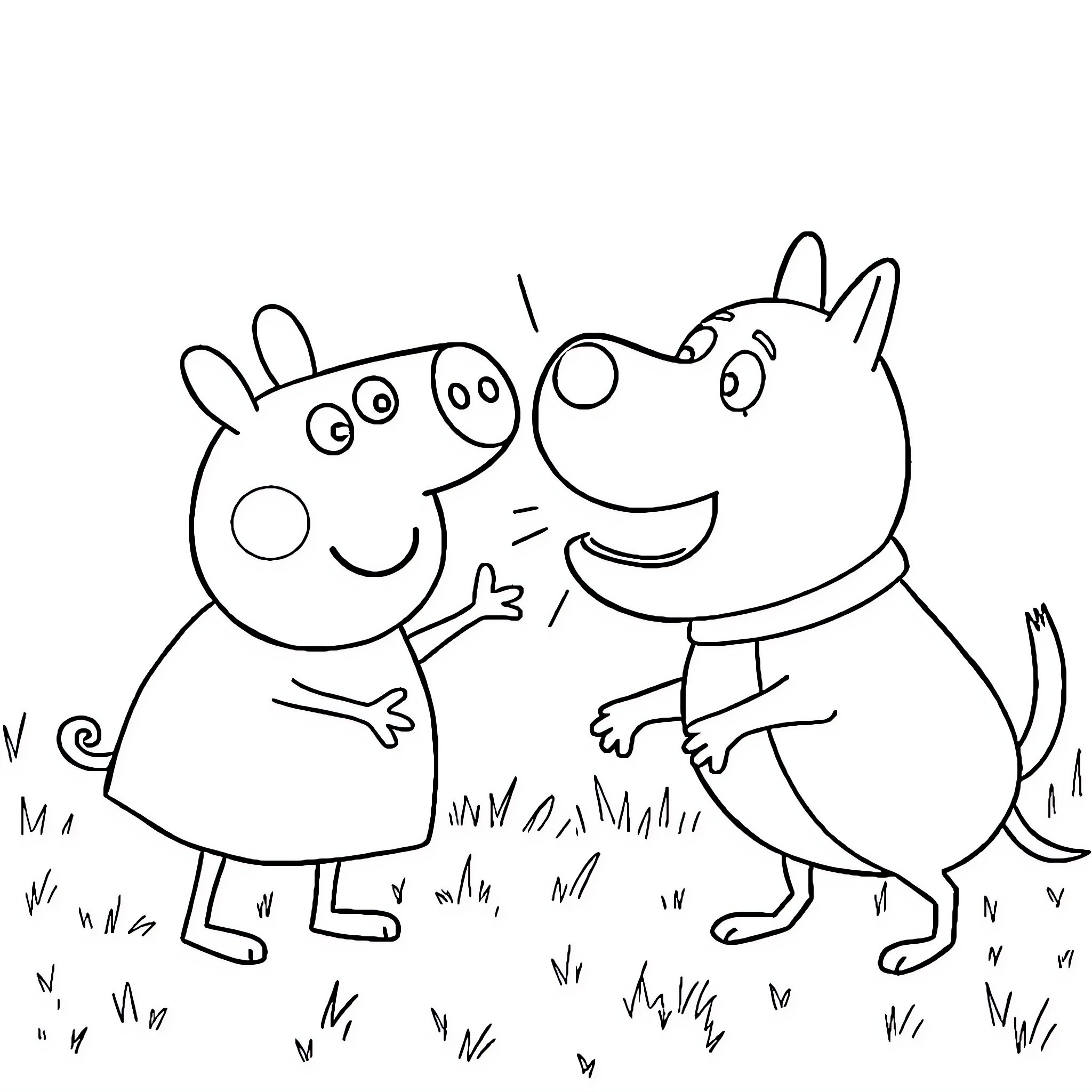 Peppa Pig and friends enjoying an outdoor adventure Coloring Page (free black-and-white line drawing printable PDF for all, from beginners to advanced learners, including children, teens, adults, and seniors)