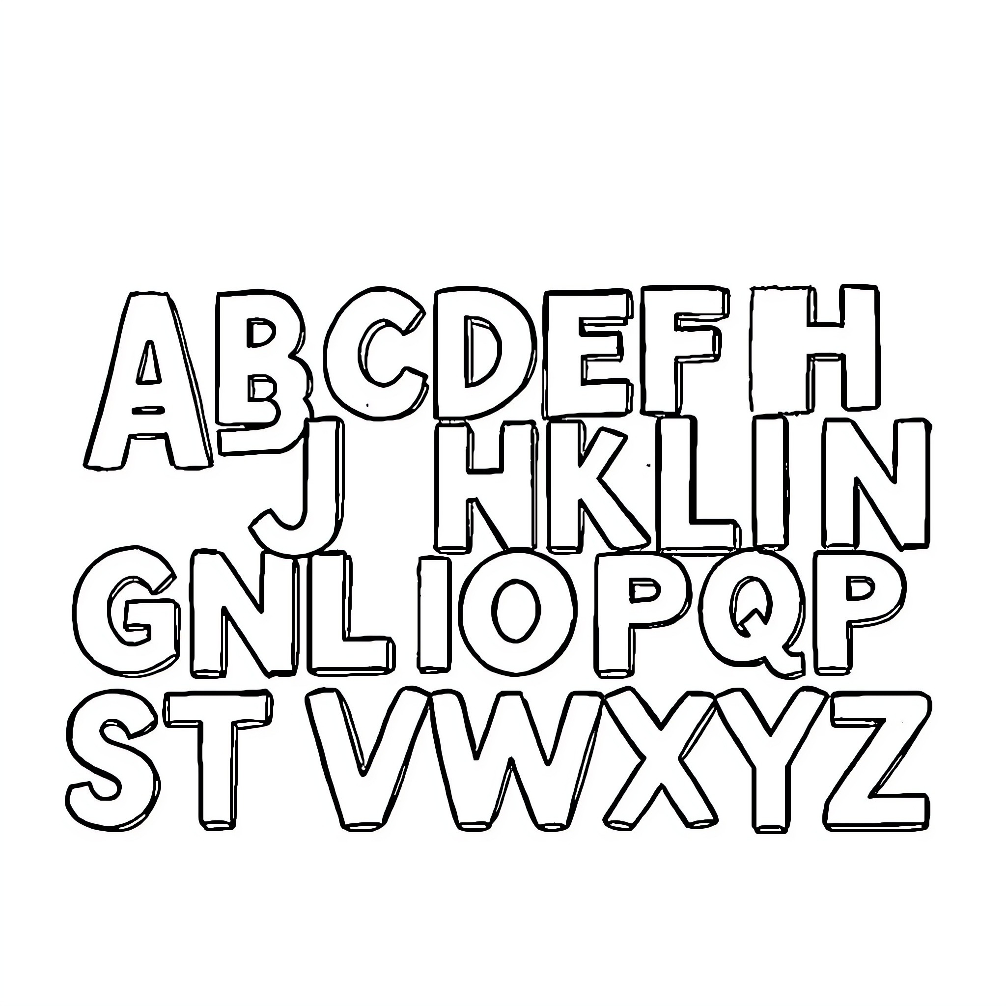 Alphabet stylized letters arranged in rows Coloring Page (free black-and-white line drawing printable PDF for all, from beginners to advanced learners, including children, teens, adults, and seniors)
