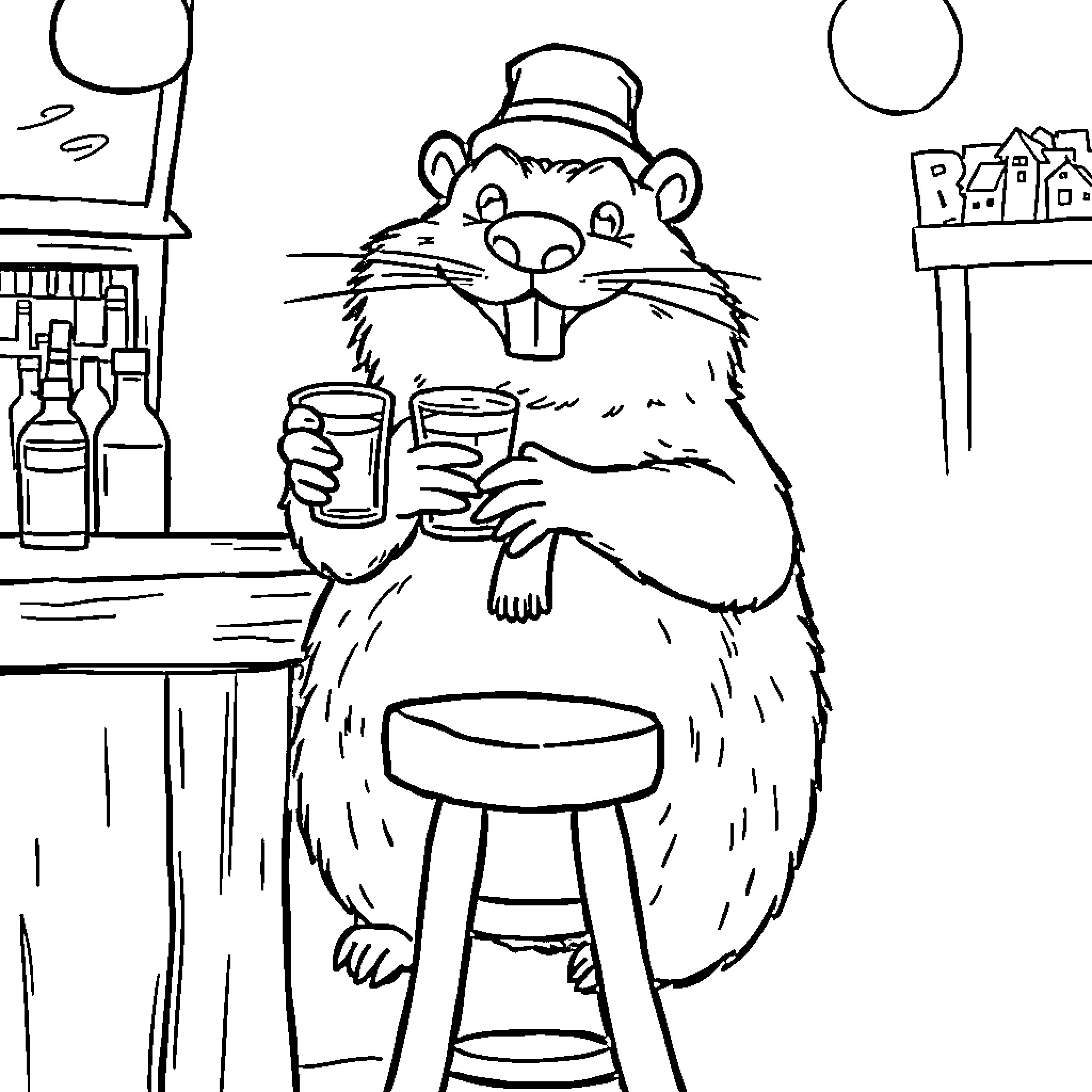 Punxsutawney Phil enjoying drinks at the bar Coloring Page (free black-and-white line drawing printable PDF for all, from beginners to advanced learners, including children, teens, adults, and seniors)