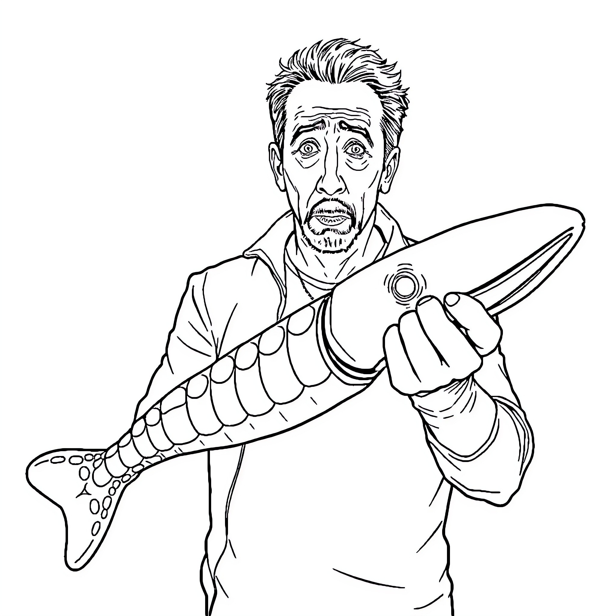 Nicolas Cage wielding a bizarre weapon Coloring Page (free black-and-white line drawing printable PDF for all, from beginners to advanced learners, including children, teens, adults, and seniors)