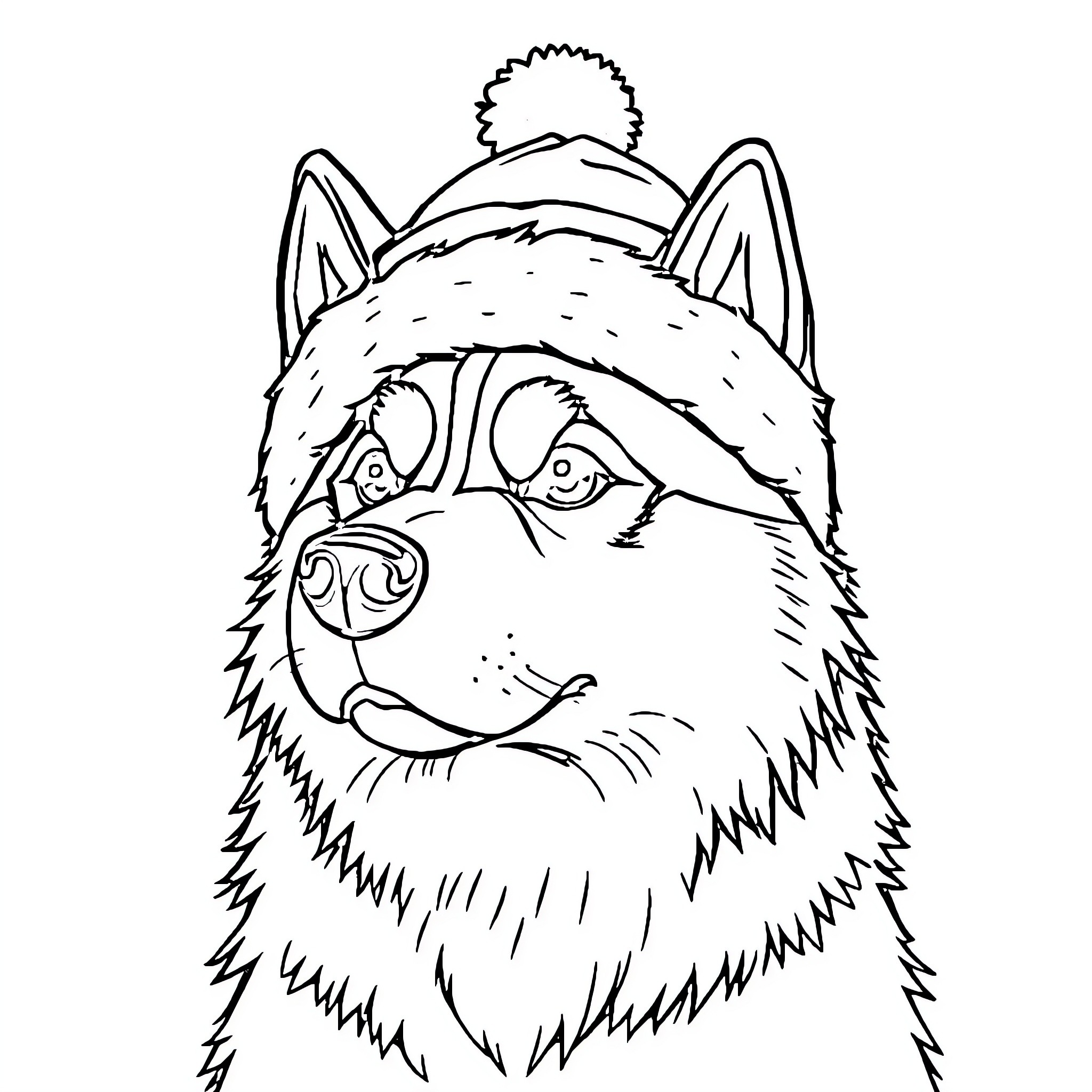 Husky wearing a warm winter hat Coloring Page (free black-and-white line drawing printable PDF for all, from beginners to advanced learners, including children, teens, adults, and seniors)