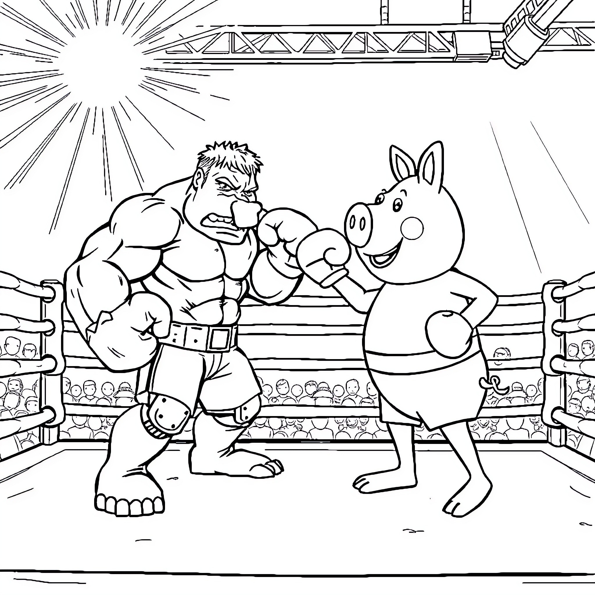 Hulk Fights Donkey in Wrestling Ring Coloring Page (free black-and-white line drawing printable PDF for all, from beginners to advanced learners, including children, teens, adults, and seniors)