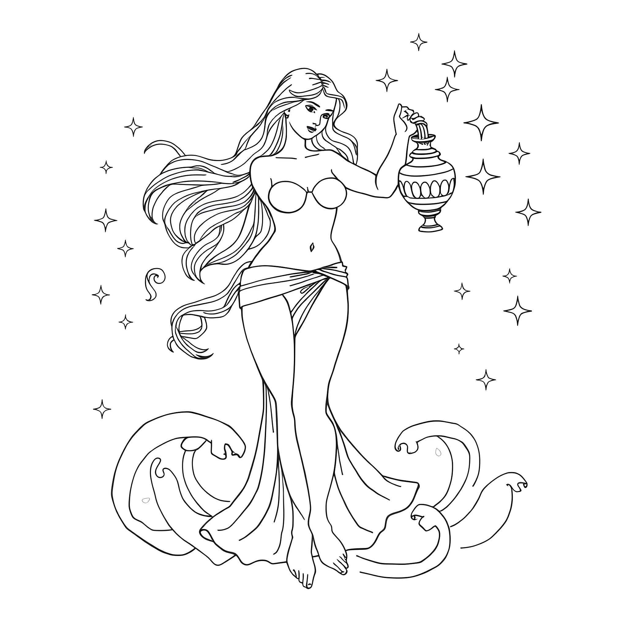 Aquarius: Celestial Goddess with Sparkling Lantern Coloring Page (free black-and-white line drawing printable PDF for all, from beginners to advanced learners, including children, teens, adults, and seniors)