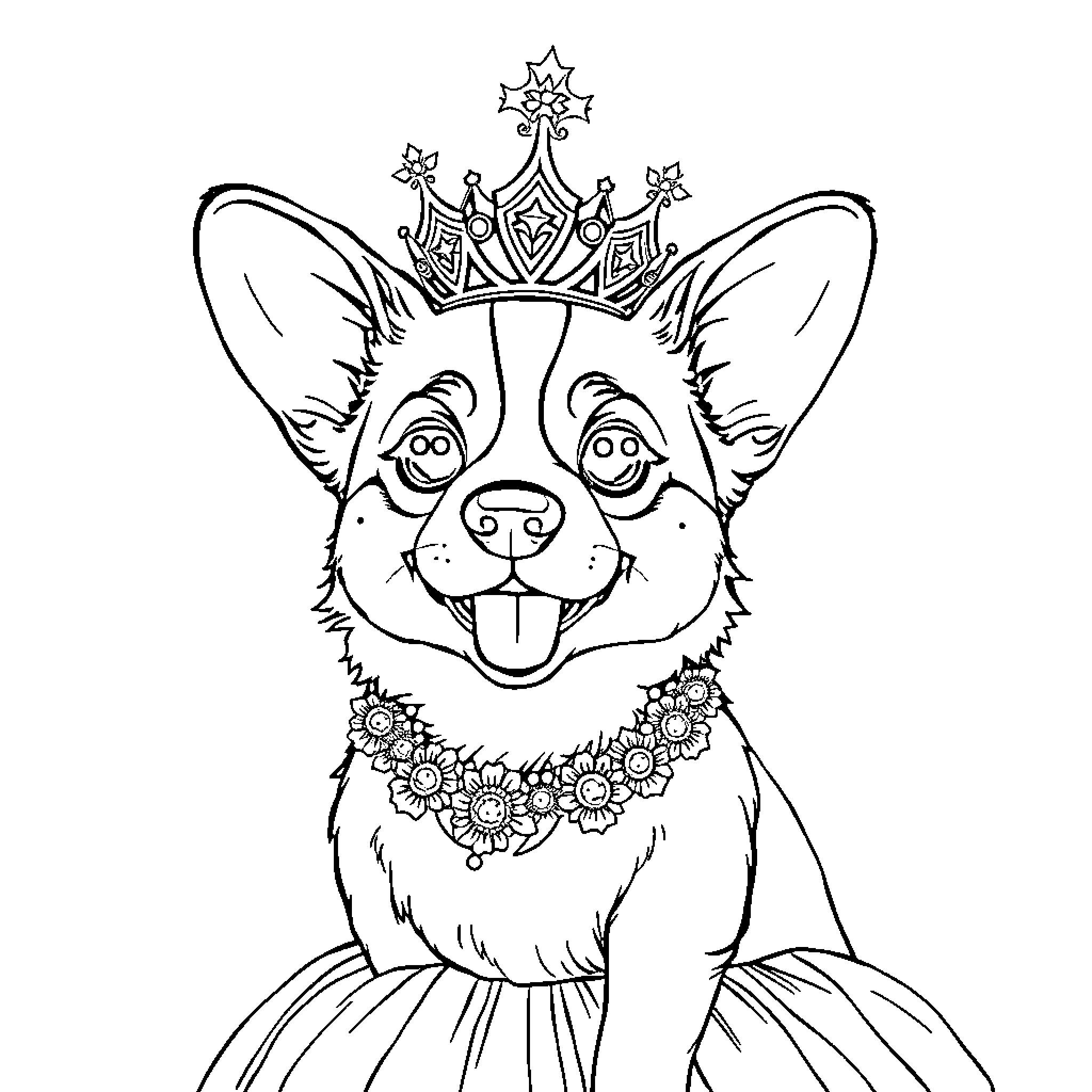 Corgi wearing a crown and flower necklace Coloring Page (free black-and-white line drawing printable PDF for all, from beginners to advanced learners, including children, teens, adults, and seniors)