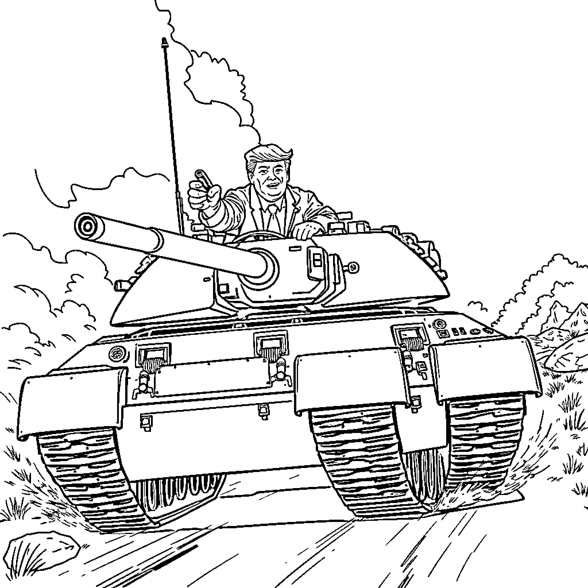 Trump commanding a military tank in a battlefield Coloring Page (free black-and-white line drawing printable PDF for all, from beginners to advanced learners, including children, teens, adults, and seniors)