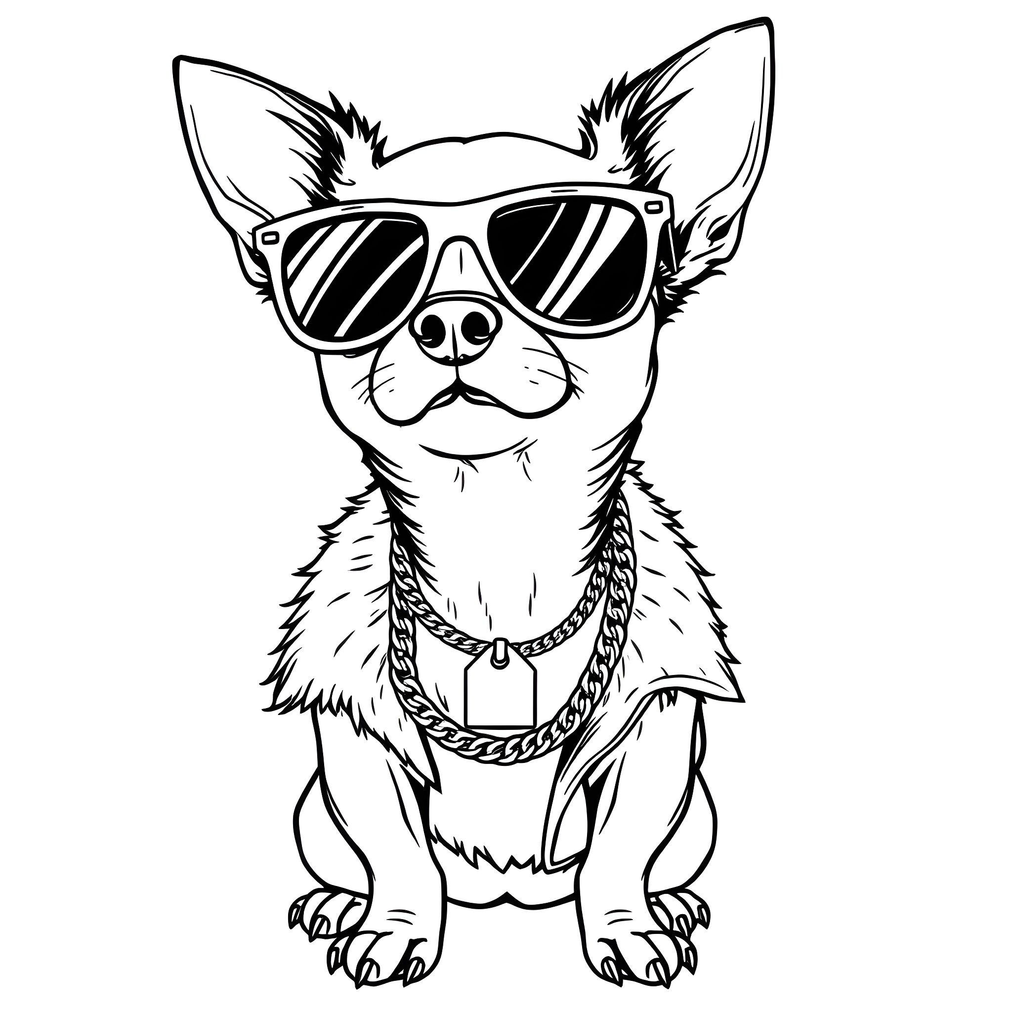 Chihuahua in stylish sunglasses Coloring Page (free black-and-white line drawing printable PDF for all, from beginners to advanced learners, including children, teens, adults, and seniors)