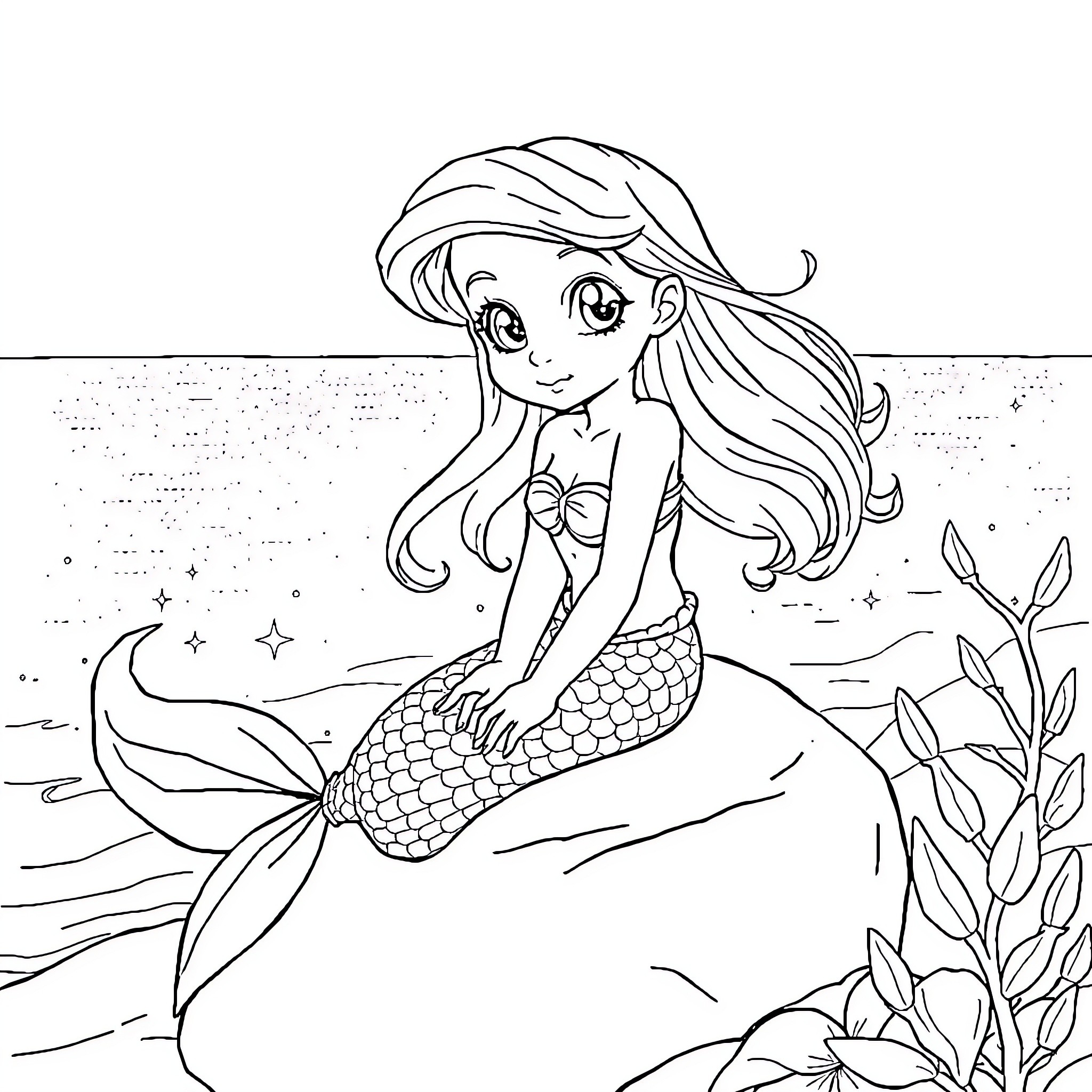 Mermaid swimming gracefully in the ocean Coloring Page (free black-and-white line drawing printable PDF for all, from beginners to advanced learners, including children, teens, adults, and seniors)