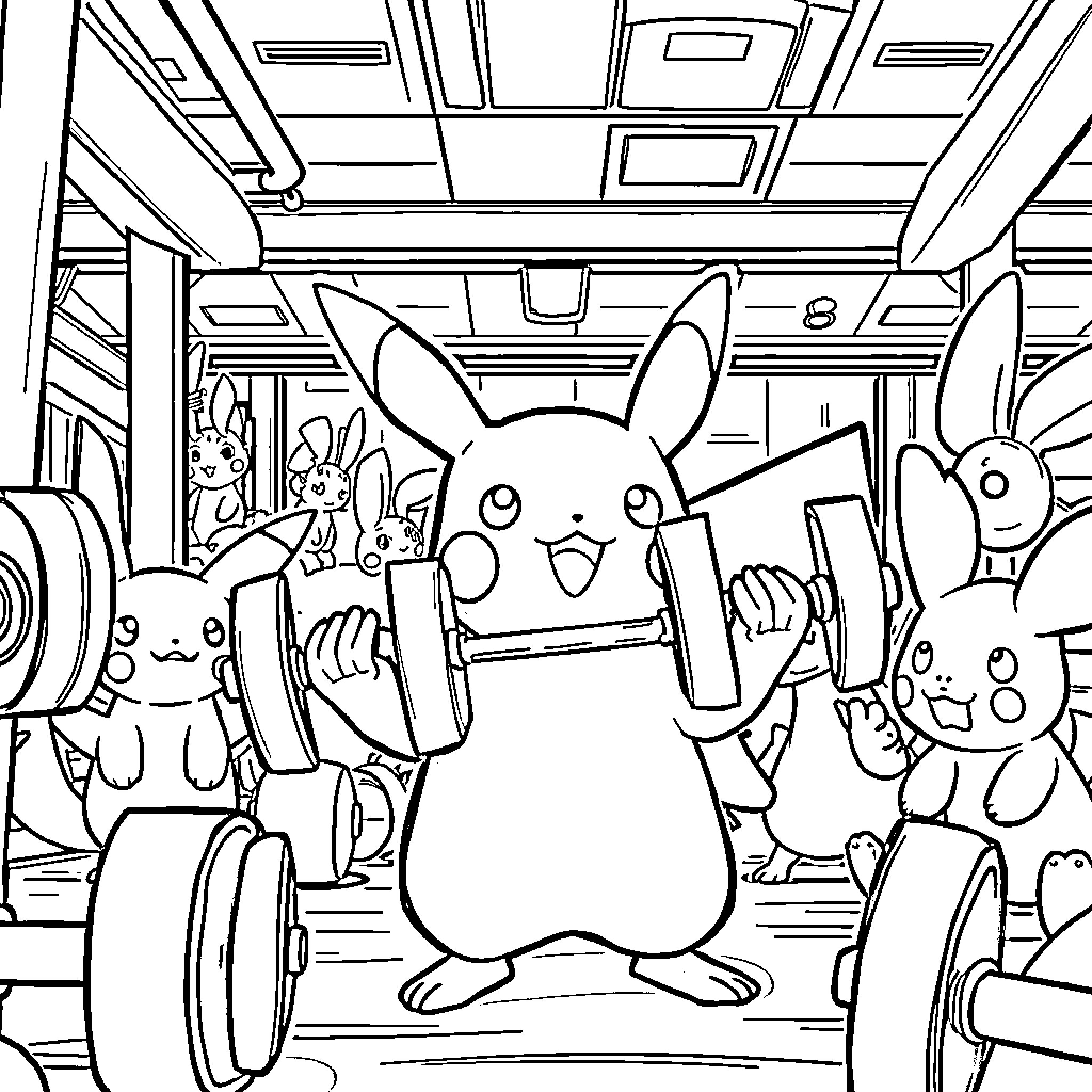 Pikachu and friends exploring a mysterious location Coloring Page (free black-and-white line drawing printable PDF for all, from beginners to advanced learners, including children, teens, adults, and seniors)