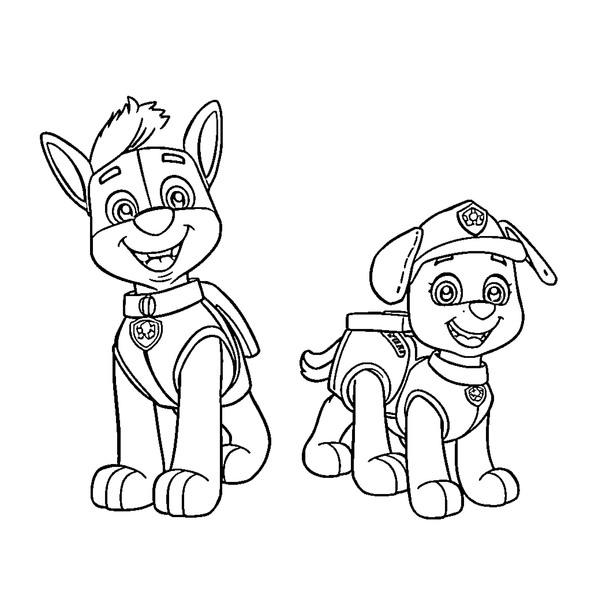 Paw Patrol puppies playing and smiling Coloring Page (free black-and-white line drawing printable PDF for all, from beginners to advanced learners, including children, teens, adults, and seniors)