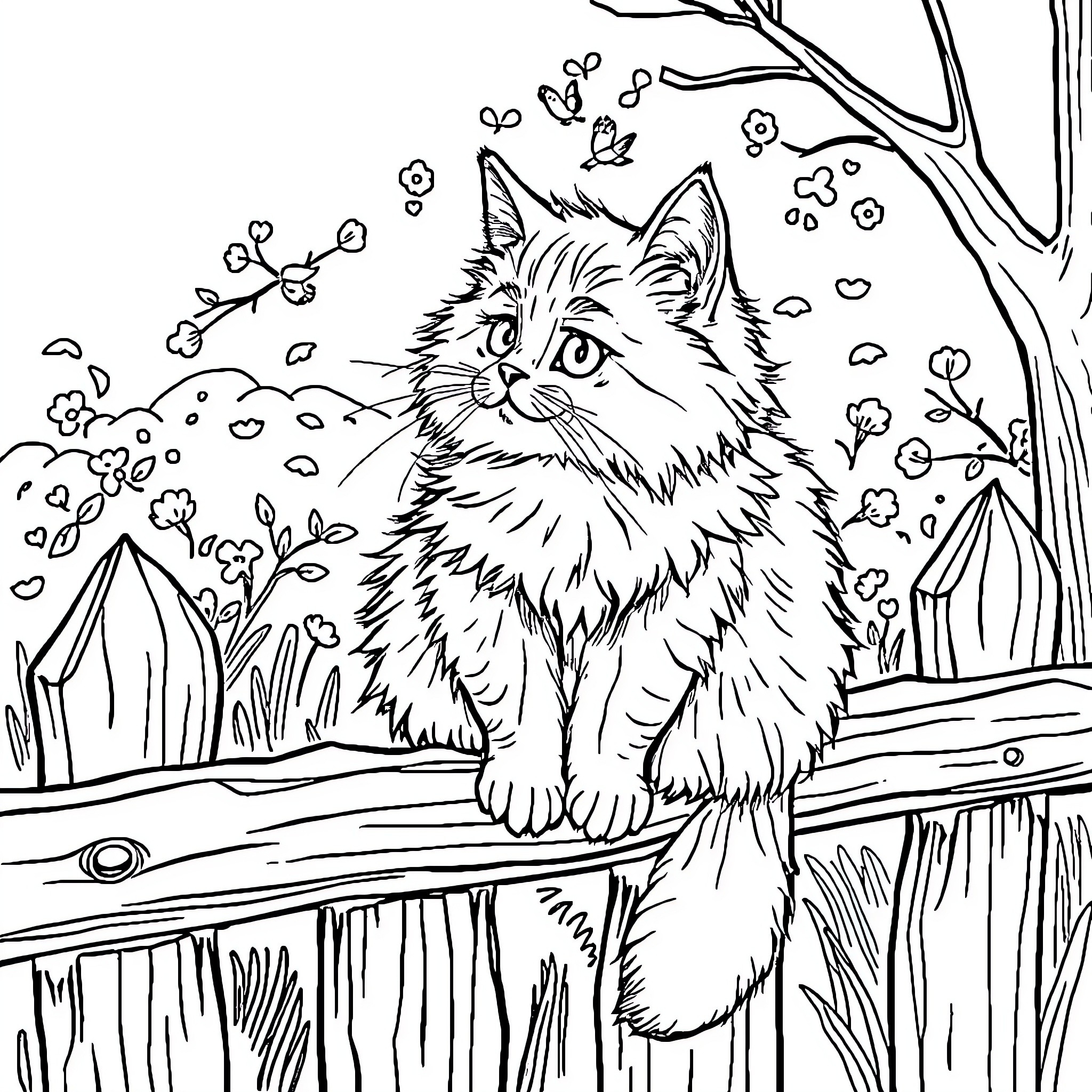 Cat in a Floral Forest Scene Coloring Page (free black-and-white line drawing printable PDF for all, from beginners to advanced learners, including children, teens, adults, and seniors)