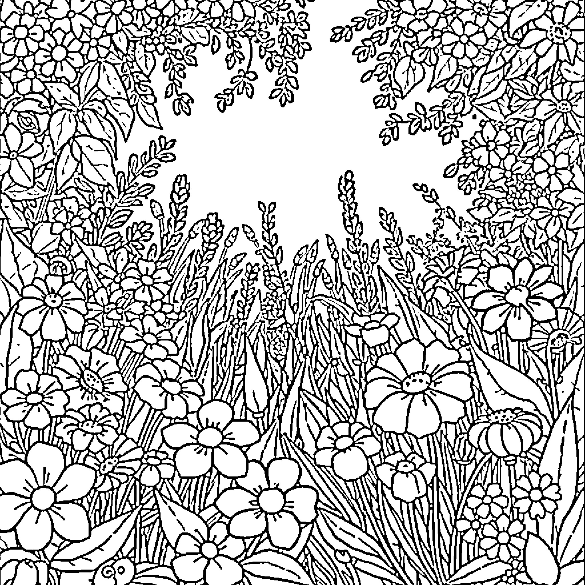 Garden filled with blooming flowers and lush greenery Coloring Page (free black-and-white line drawing printable PDF for all, from beginners to advanced learners, including children, teens, adults, and seniors)