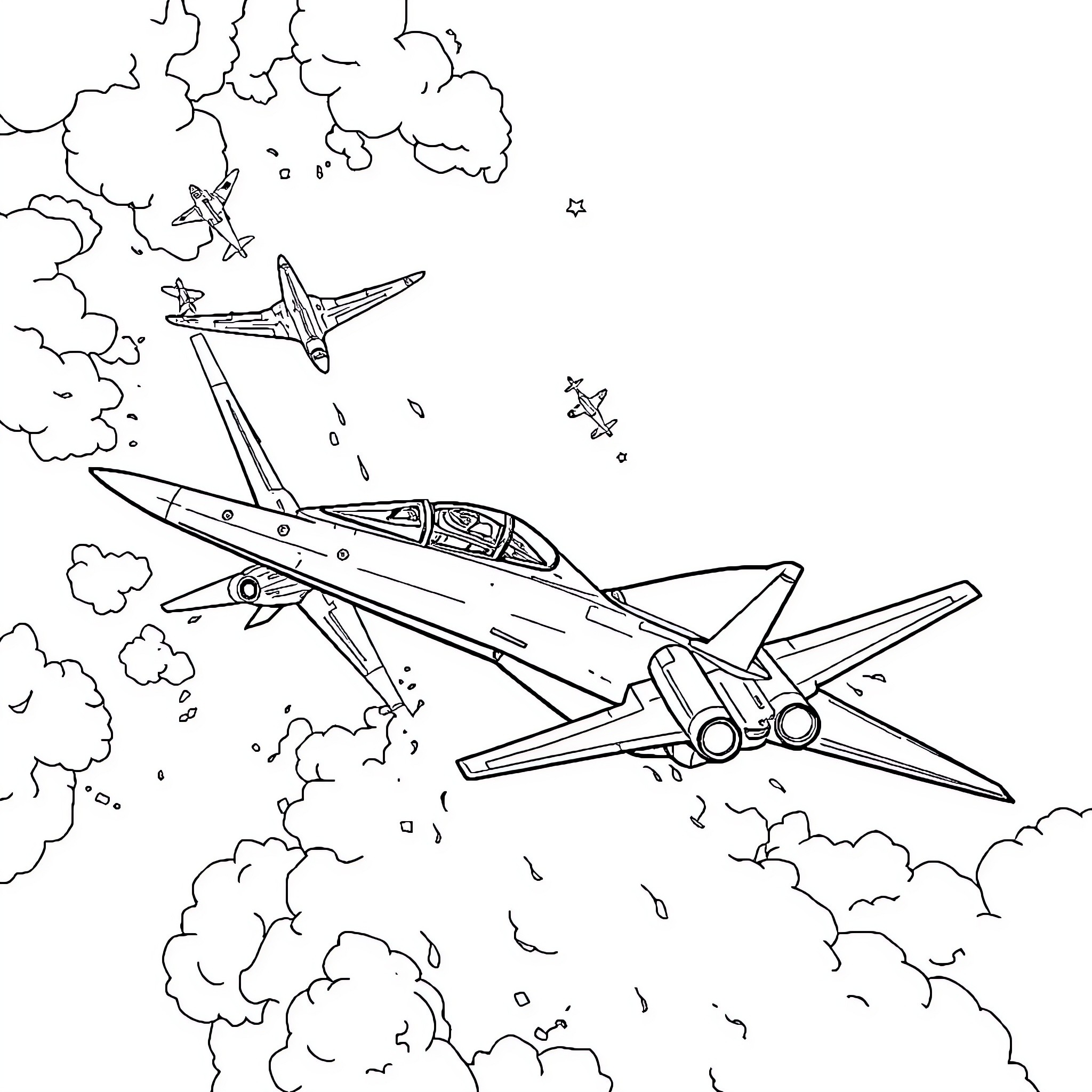 Fighter Jets Soaring Through Cloudy Skies Coloring Page (free black-and-white line drawing printable PDF for all, from beginners to advanced learners, including children, teens, adults, and seniors)