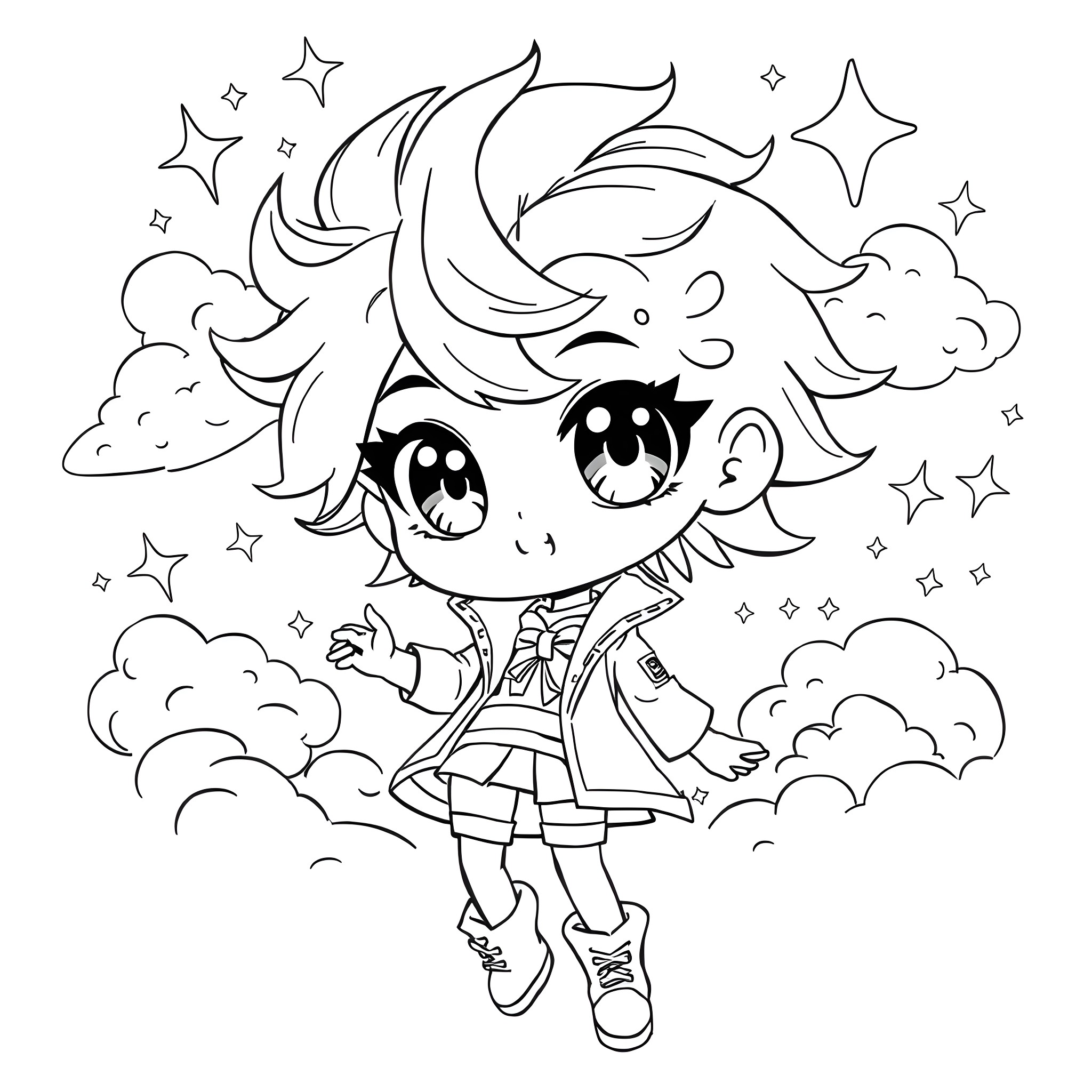 Anime Character Happily Exploring Magical Clouds Coloring Page (free black-and-white line drawing printable PDF for all, from beginners to advanced learners, including children, teens, adults, and seniors)