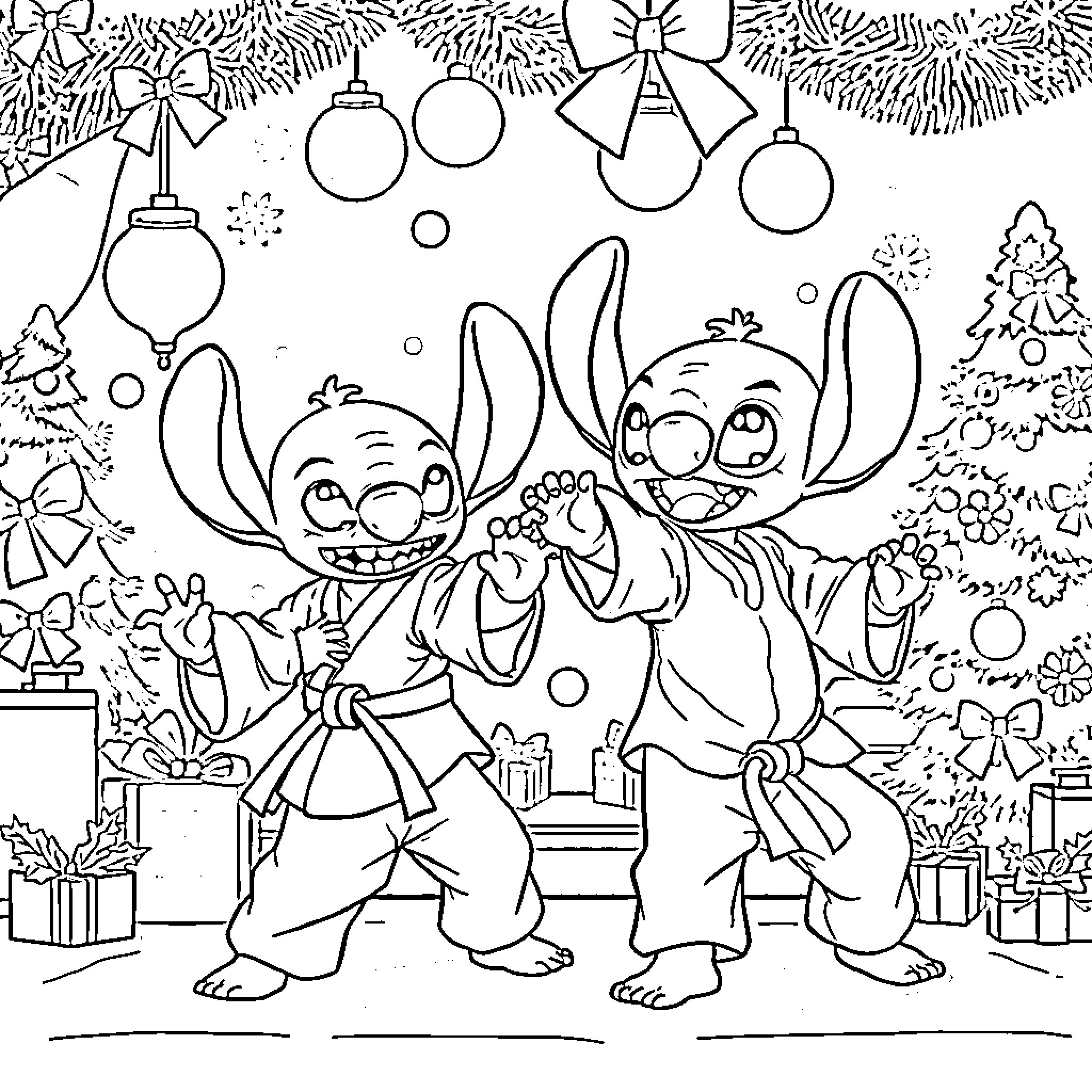 Lilo And Stitch Celebrating Festive Holidays Coloring Page (free black-and-white line drawing printable PDF for all, from beginners to advanced learners, including children, teens, adults, and seniors)