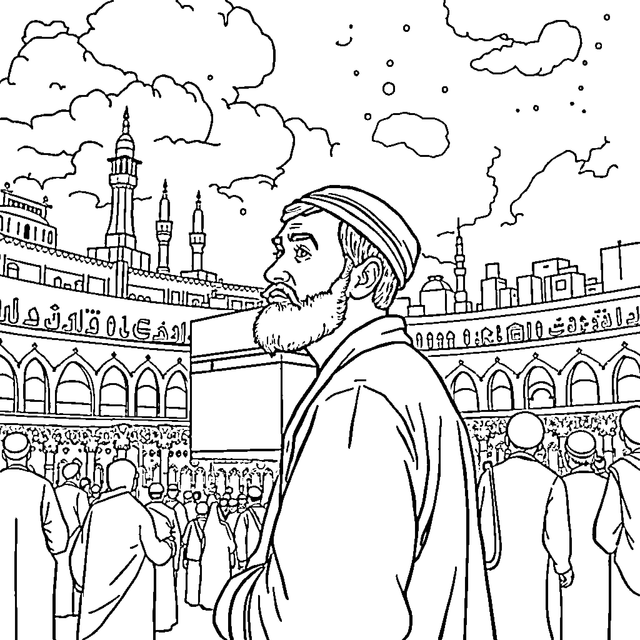 Man praying at a holy site Coloring Page (free black-and-white line drawing printable PDF for all, from beginners to advanced learners, including children, teens, adults, and seniors)