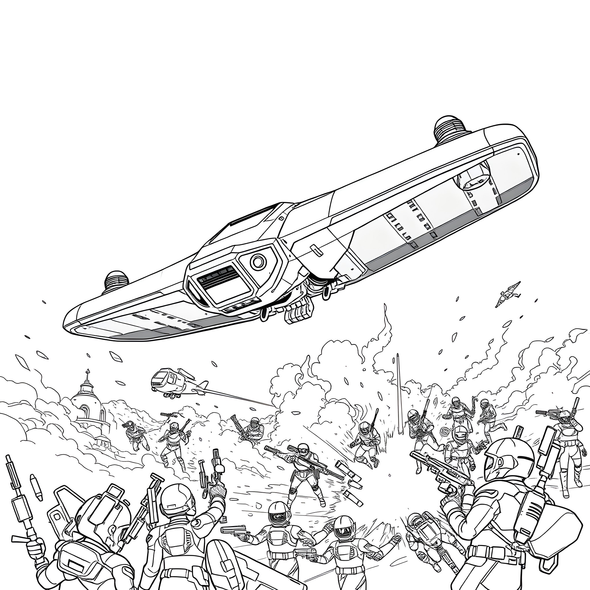 Drone battling against soldiers and robots in a war-torn landscape Coloring Page (free black-and-white line drawing printable PDF for all, from beginners to advanced learners, including children, teens, adults, and seniors)