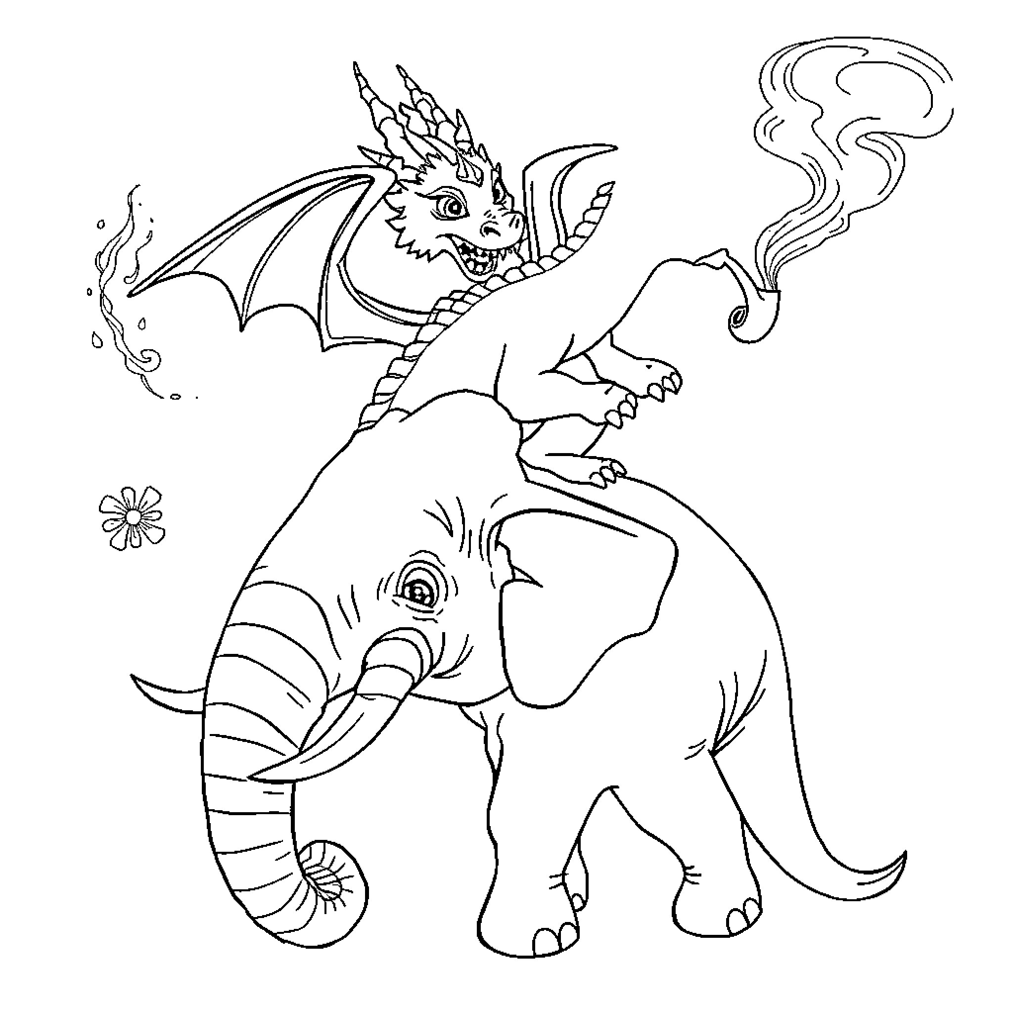 Dragon riding an elephant through a magical landscape Coloring Page (free black-and-white line drawing printable PDF for all, from beginners to advanced learners, including children, teens, adults, and seniors)