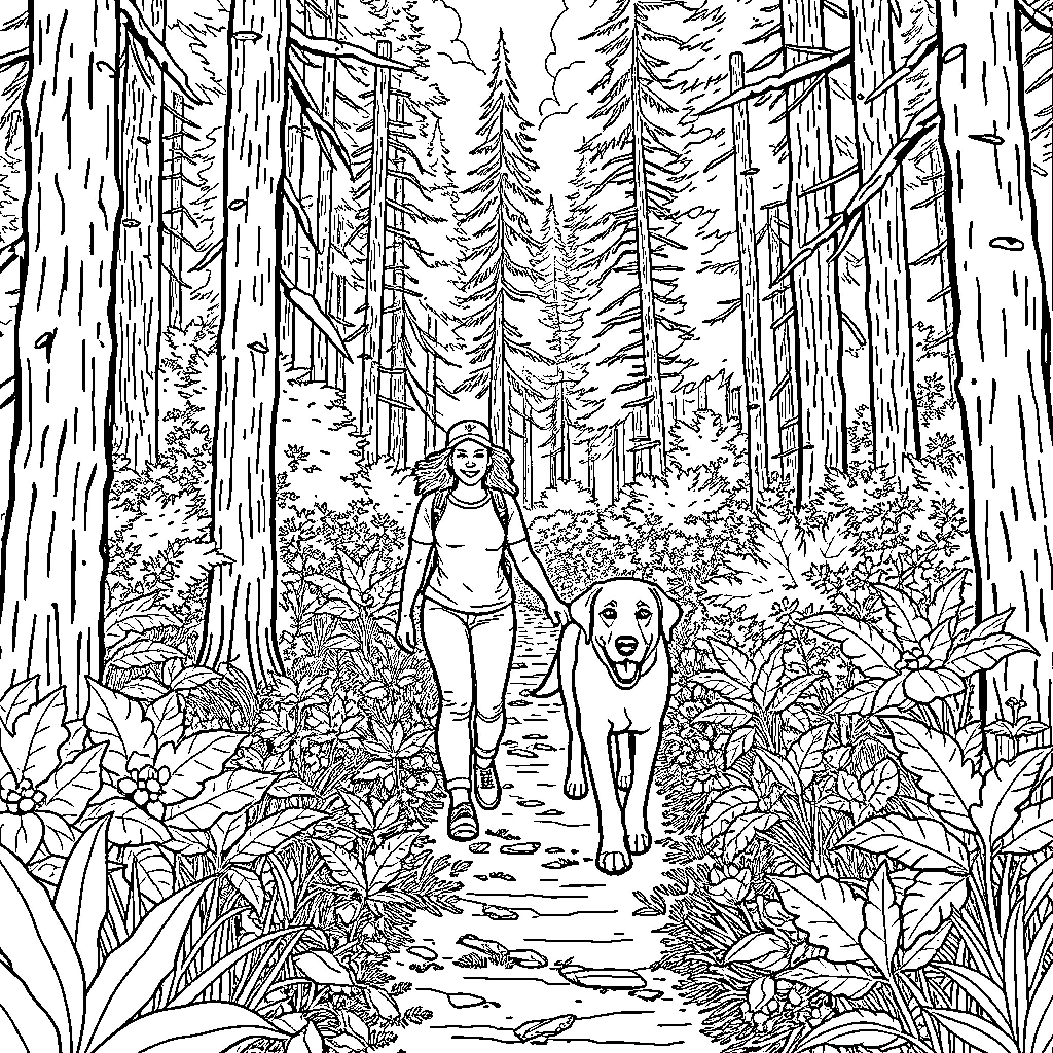 Labrador accompanies person on forest trail Coloring Page (free black-and-white line drawing printable PDF for all, from beginners to advanced learners, including children, teens, adults, and seniors)