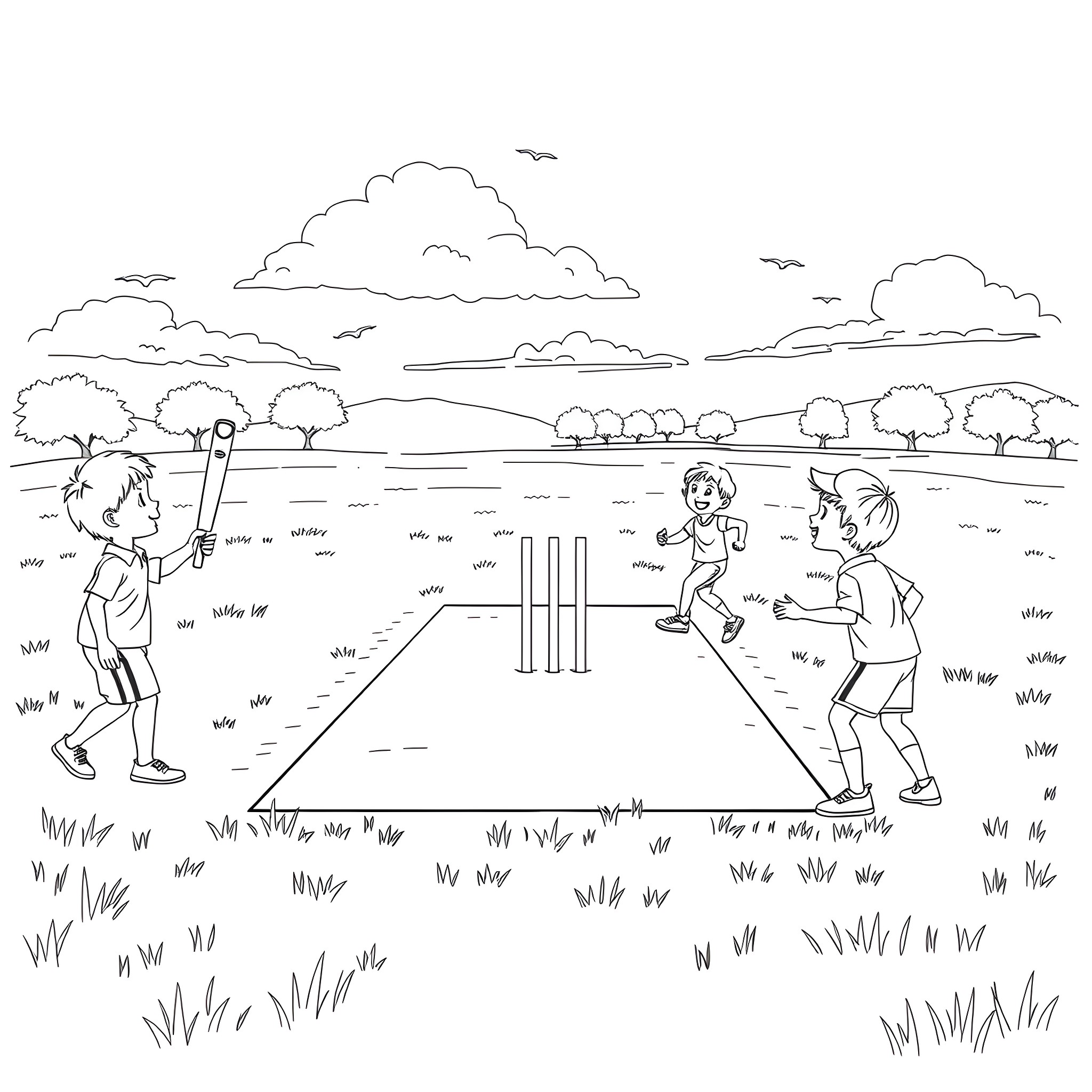 Kid playing cricket with friends in the park Coloring Page (free black-and-white line drawing printable PDF for all, from beginners to advanced learners, including children, teens, adults, and seniors)