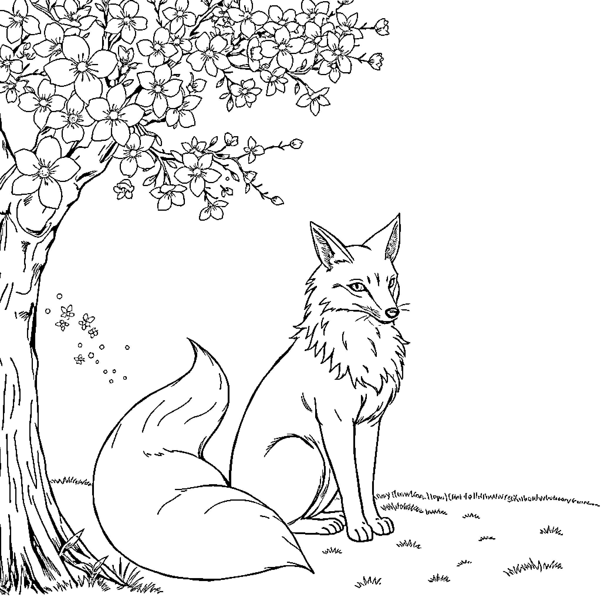 Kitsune fox amid blooming sakura flowers Coloring Page (free black-and-white line drawing printable PDF for all, from beginners to advanced learners, including children, teens, adults, and seniors)