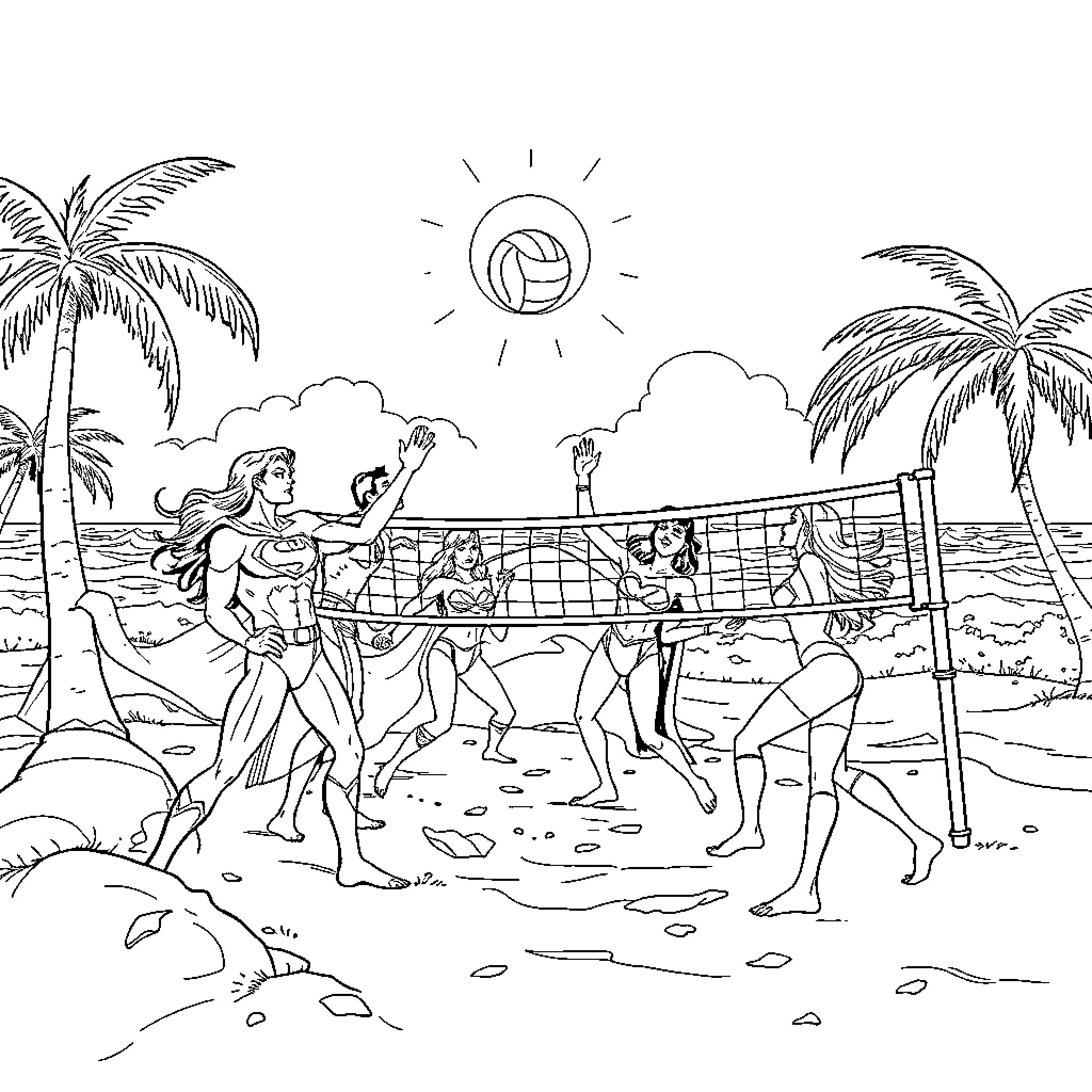 Justice League Beach Volleyball Match Coloring Page (free black-and-white line drawing printable PDF for all, from beginners to advanced learners, including children, teens, adults, and seniors)