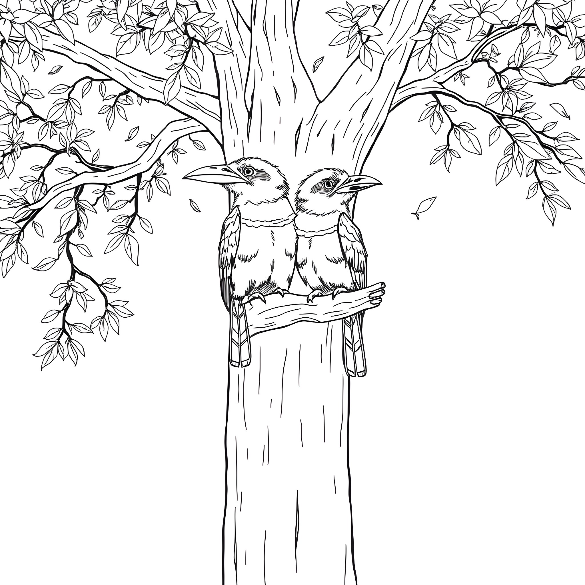 Kookaburra friends perching on tree branch Coloring Page (free black-and-white line drawing printable PDF for all, from beginners to advanced learners, including children, teens, adults, and seniors)