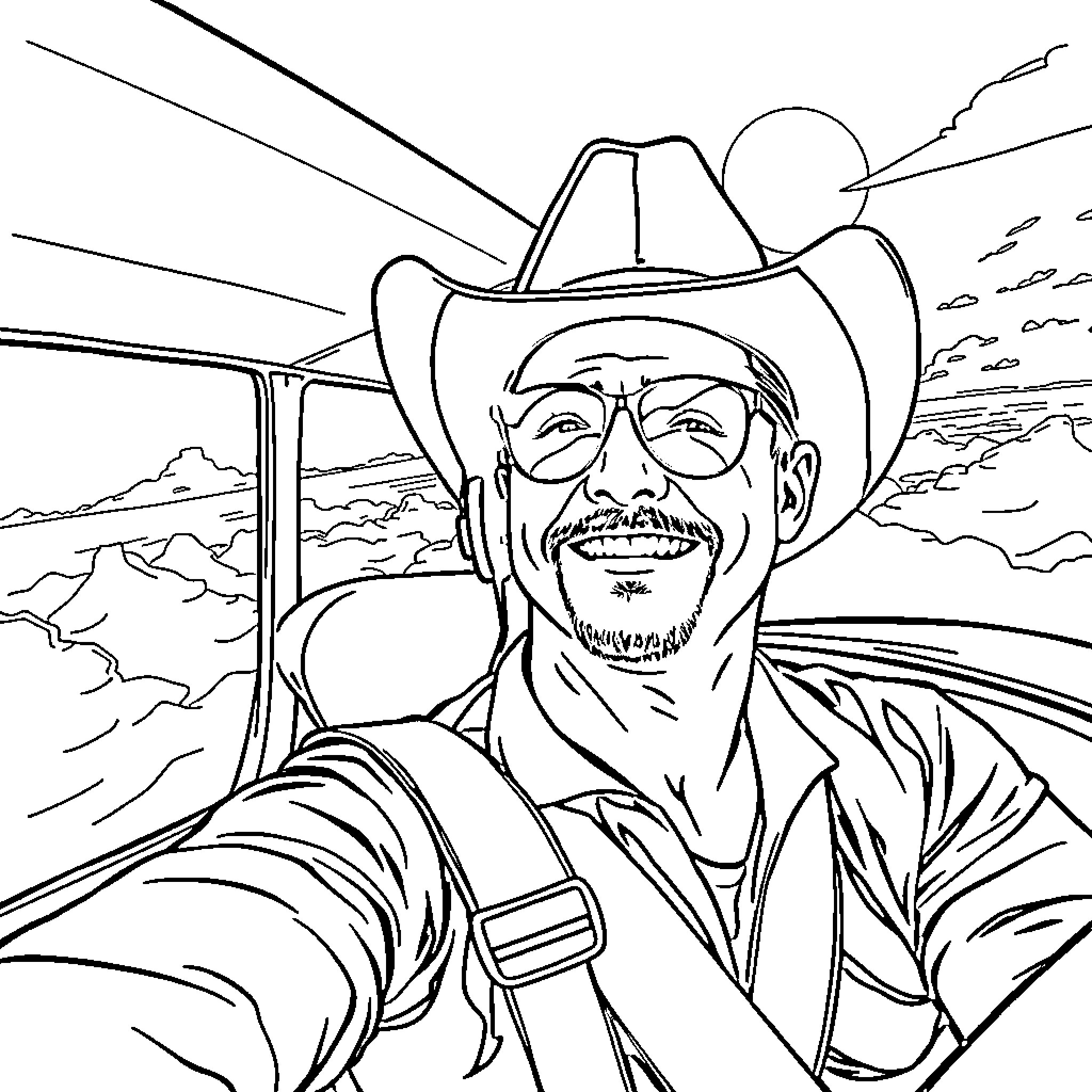 Tim McGraw's Selfie in the Cowboy Outfit Coloring Page (free black-and-white line drawing printable PDF for all, from beginners to advanced learners, including children, teens, adults, and seniors)