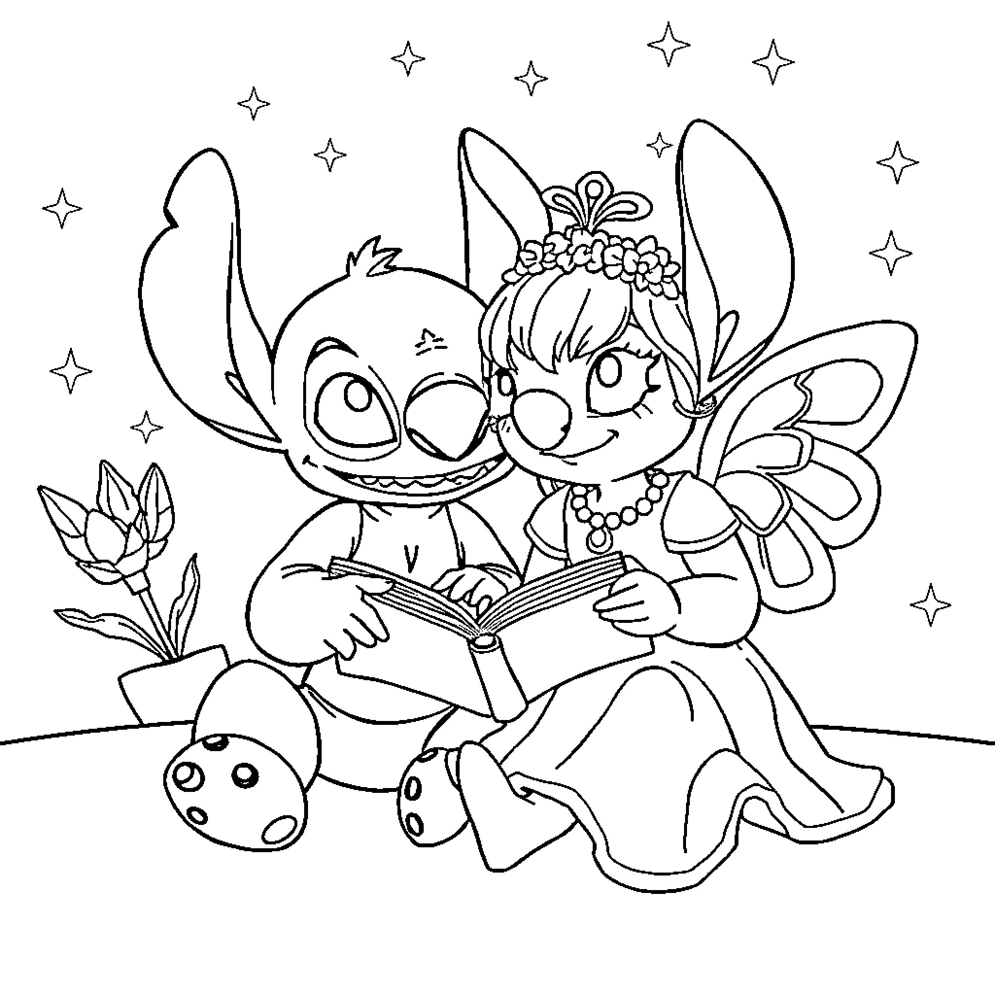 Stitch reading a book with a fairy Coloring Page (free black-and-white line drawing printable PDF for all, from beginners to advanced learners, including children, teens, adults, and seniors)