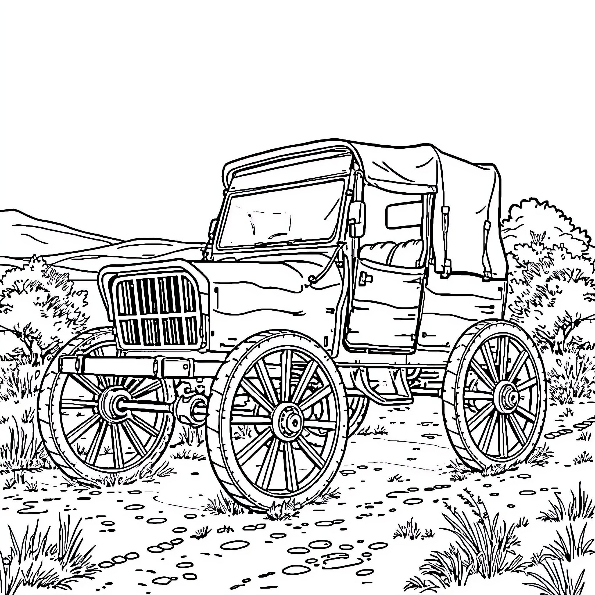 Buggy traveling along a rural countryside road Coloring Page (free black-and-white line drawing printable PDF for all, from beginners to advanced learners, including children, teens, adults, and seniors)