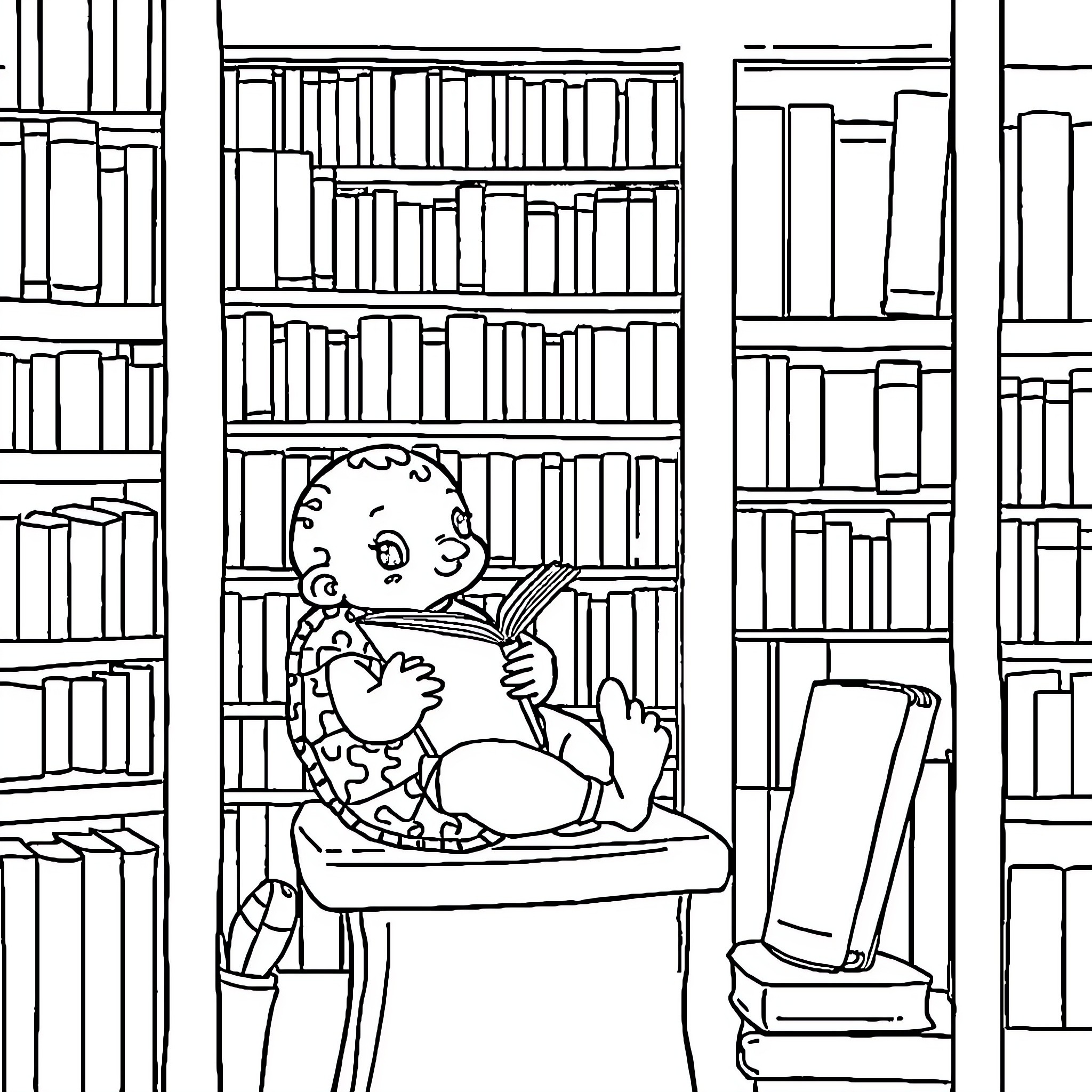 Bébé Huitre reading books in a library Coloring Page (free black-and-white line drawing printable PDF for all, from beginners to advanced learners, including children, teens, adults, and seniors)
