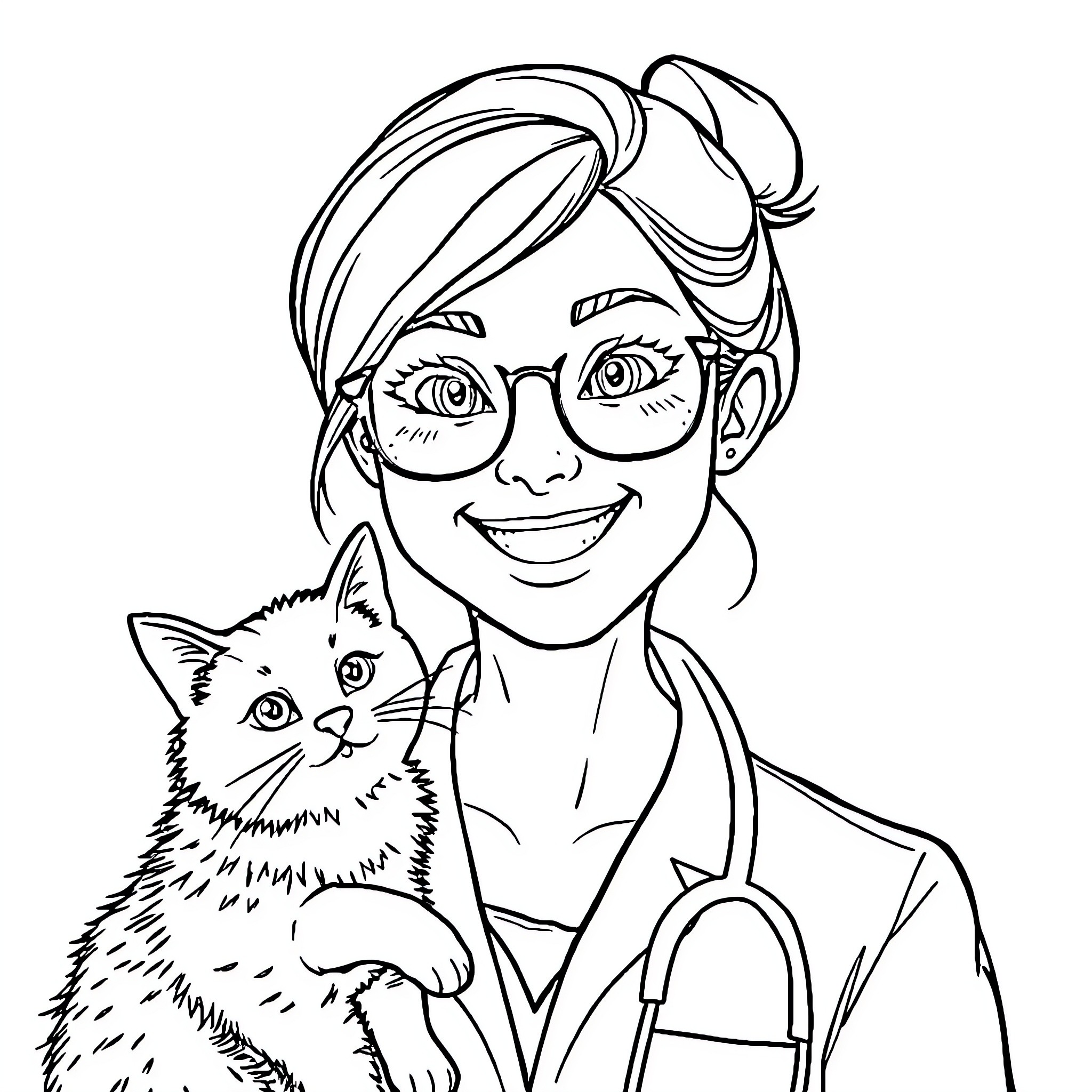 Doctor caring for a friendly feline patient Coloring Page (free black-and-white line drawing printable PDF for all, from beginners to advanced learners, including children, teens, adults, and seniors)