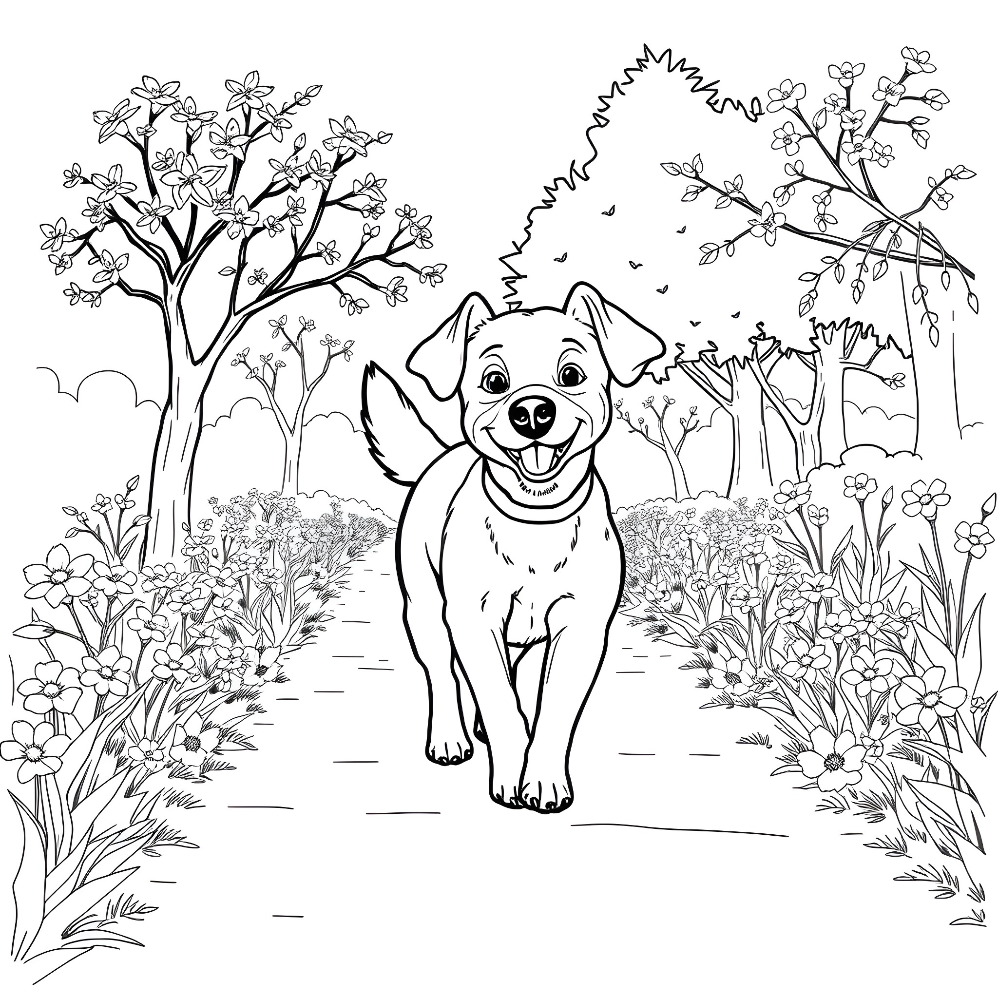 Dog exploring happy garden scene Coloring Page (free black-and-white line drawing printable PDF for all, from beginners to advanced learners, including children, teens, adults, and seniors)
