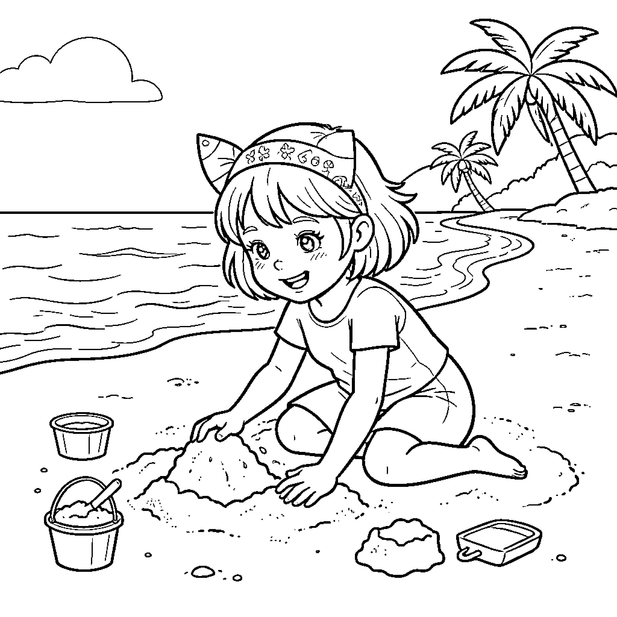 Fille playing with sand on a tropical beach Coloring Page (free black-and-white line drawing printable PDF for all, from beginners to advanced learners, including children, teens, adults, and seniors)