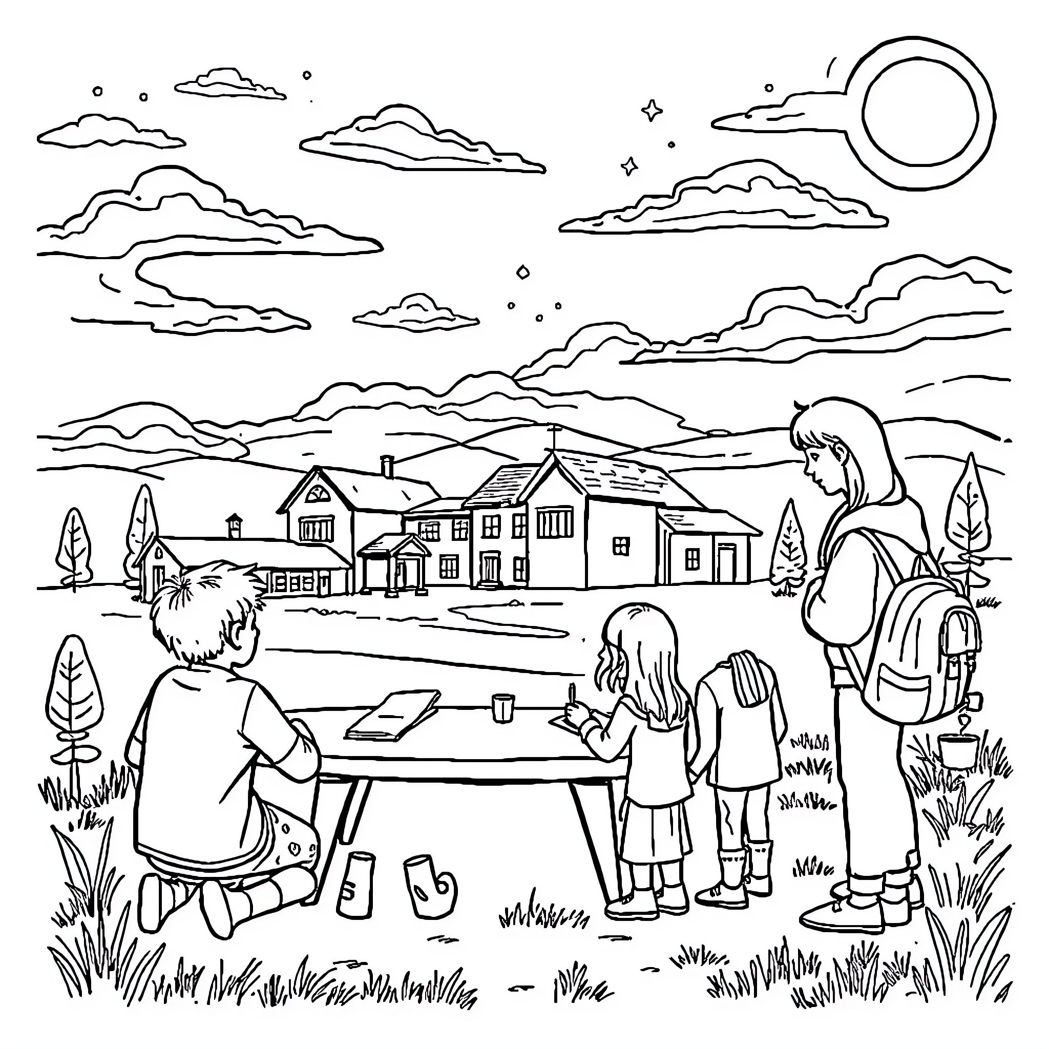 School students enjoying outdoor activities in nature Coloring Page (free black-and-white line drawing printable PDF for all, from beginners to advanced learners, including children, teens, adults, and seniors)