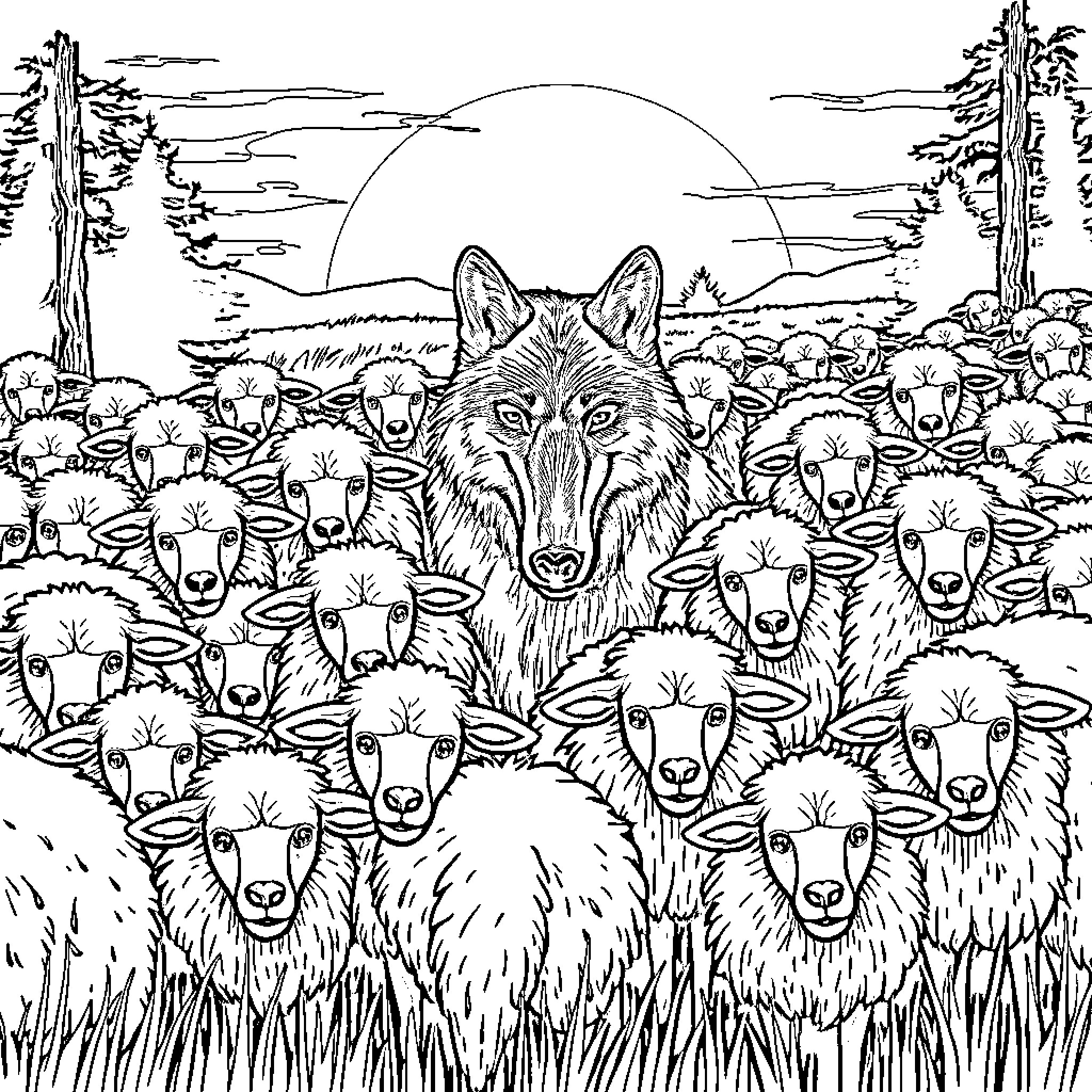 Wolf leading a pack of sheep in the wild Coloring Page (free black-and-white line drawing printable PDF for all, from beginners to advanced learners, including children, teens, adults, and seniors)