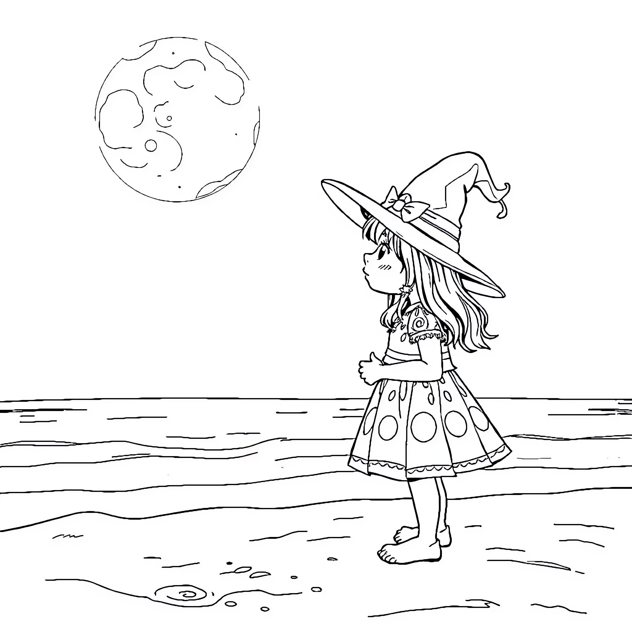 Witch gazing at the enchanting moon Coloring Page (free black-and-white line drawing printable PDF for all, from beginners to advanced learners, including children, teens, adults, and seniors)