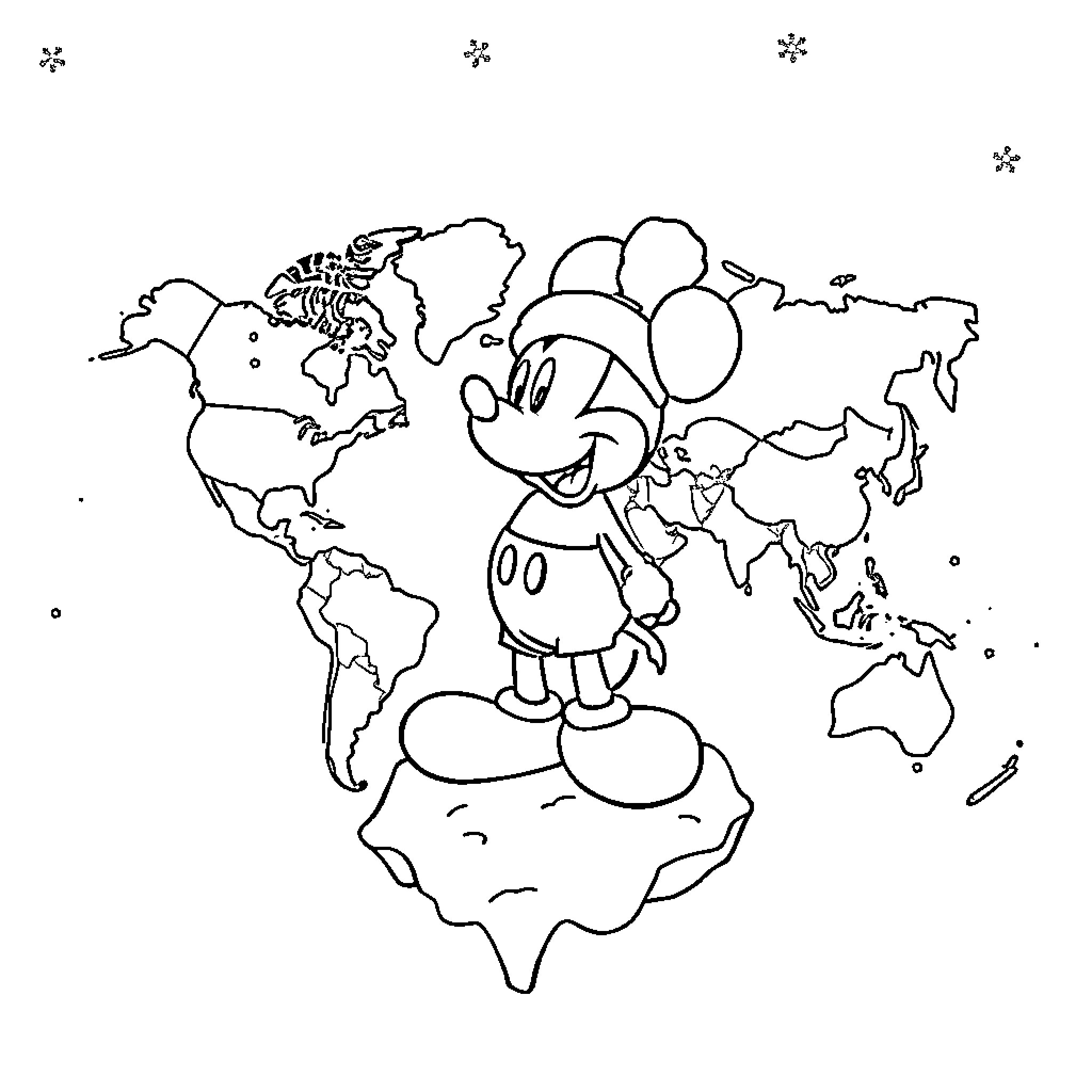 Mickey Mouse exploring the world with balloons Coloring Page (free black-and-white line drawing printable PDF for all, from beginners to advanced learners, including children, teens, adults, and seniors)