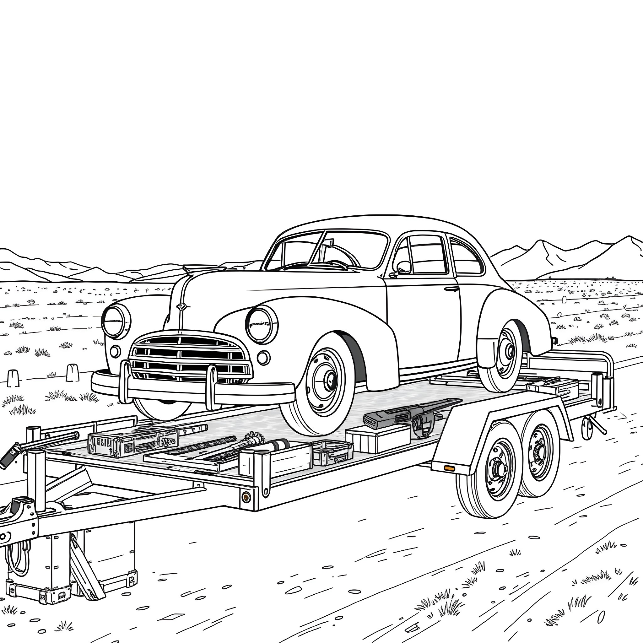 Car being transported on a trailer in the countryside Coloring Page (free black-and-white line drawing printable PDF for all, from beginners to advanced learners, including children, teens, adults, and seniors)