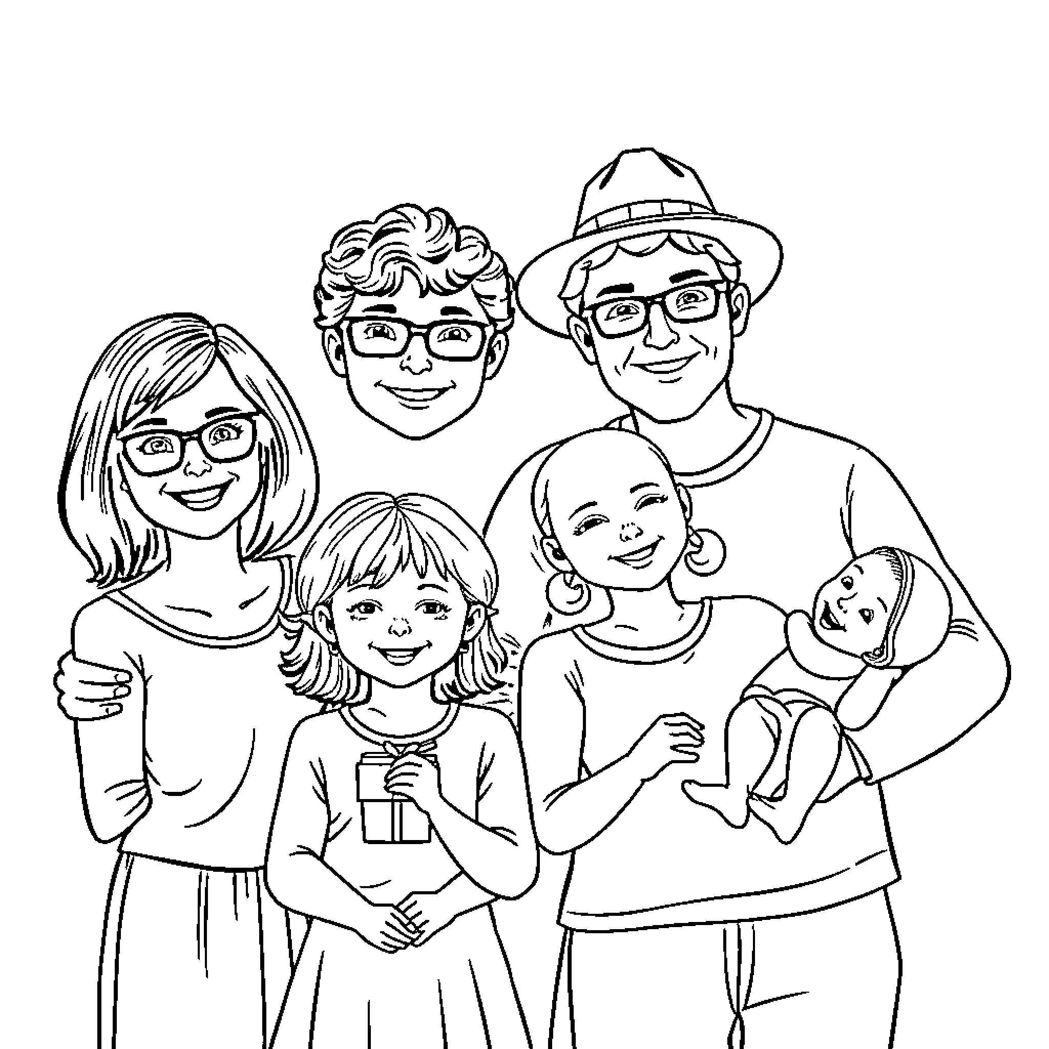 Family enjoying time together in casual attire Coloring Page (free black-and-white line drawing printable PDF for all, from beginners to advanced learners, including children, teens, adults, and seniors)