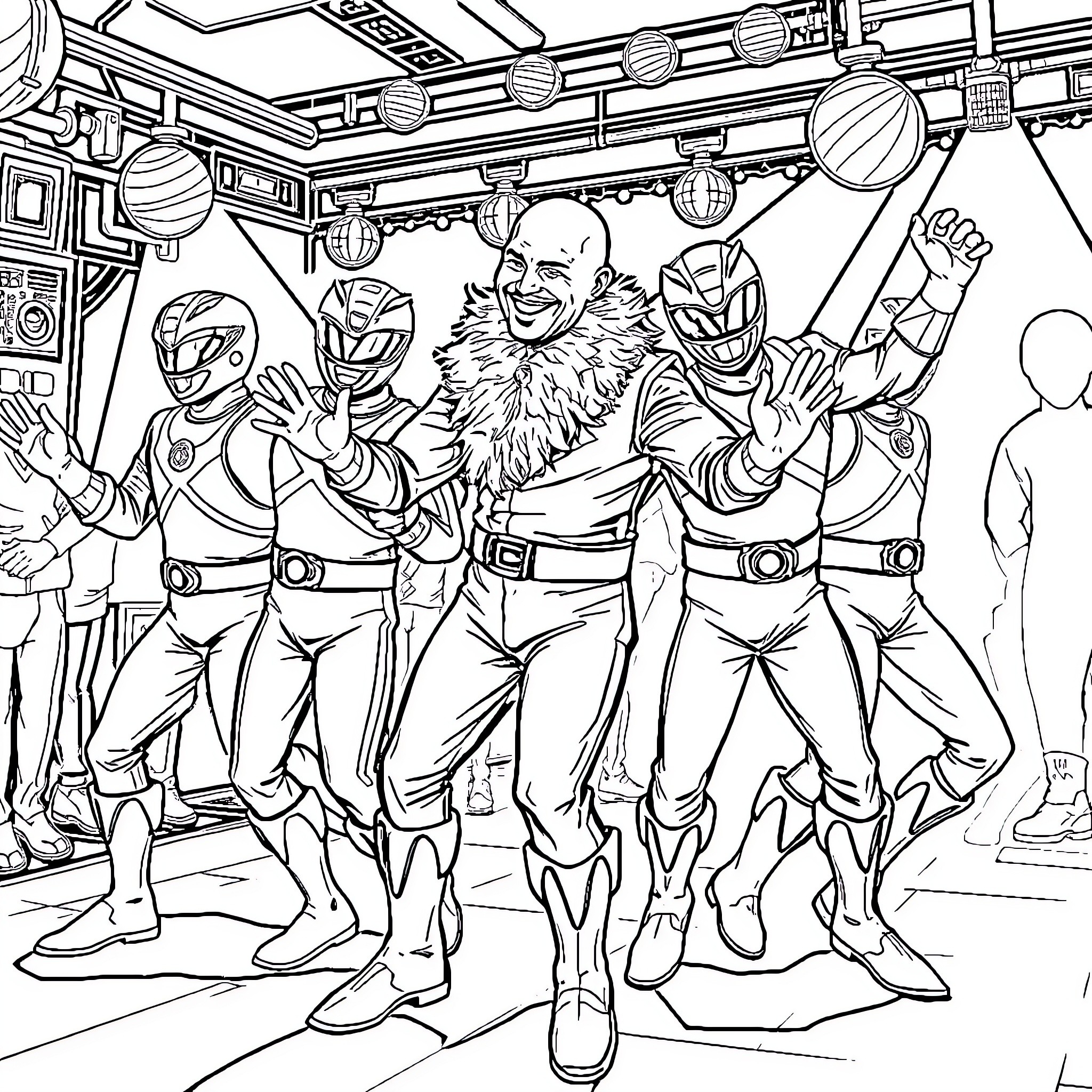 Power Rangers Posing in Action-Packed Scene Coloring Page (free black-and-white line drawing printable PDF for all, from beginners to advanced learners, including children, teens, adults, and seniors)