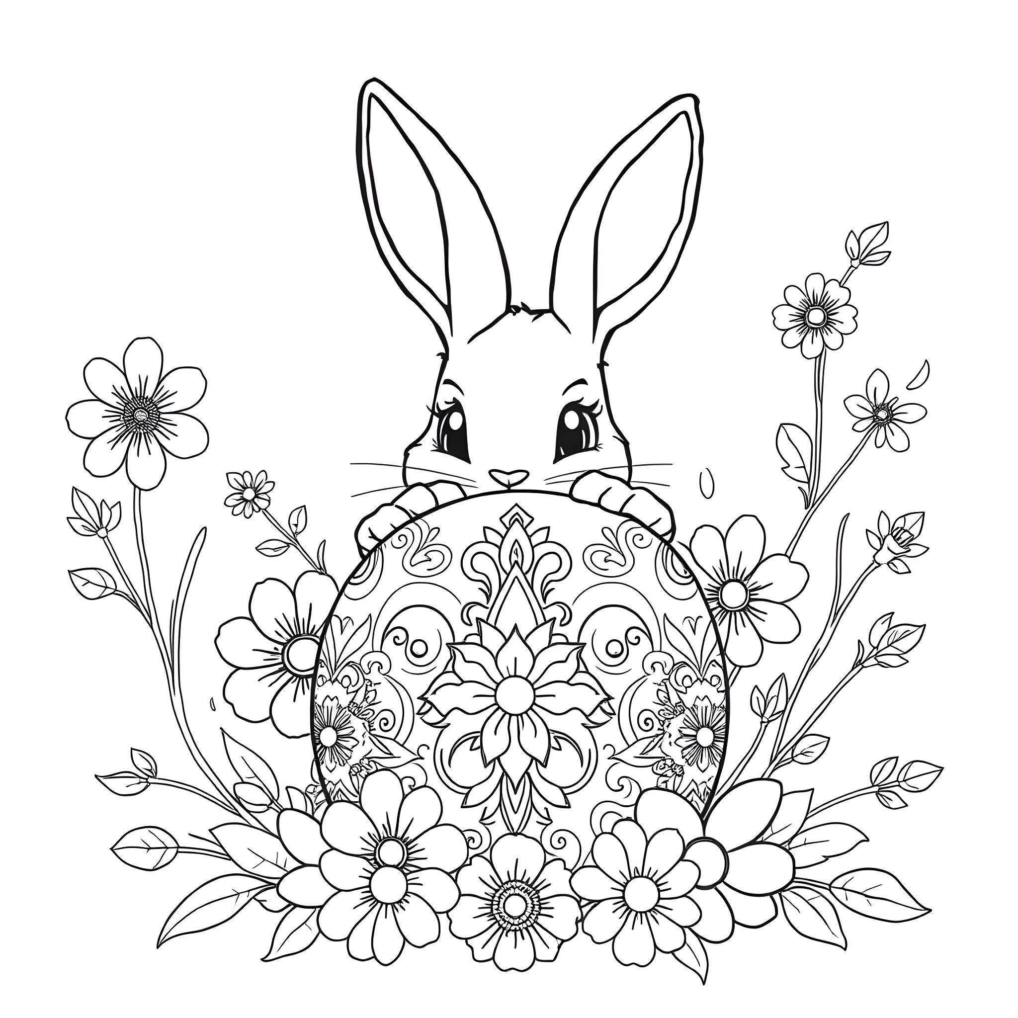 Bunny Surrounded by Delicate Floral Designs Coloring Page (free black-and-white line drawing printable PDF for all, from beginners to advanced learners, including children, teens, adults, and seniors)