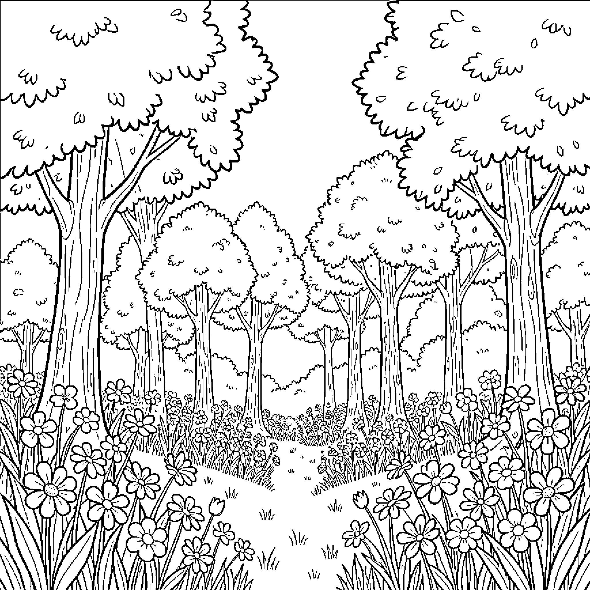 Nature's Enchanting Woodland Scene Coloring Page (free black-and-white line drawing printable PDF for all, from beginners to advanced learners, including children, teens, adults, and seniors)