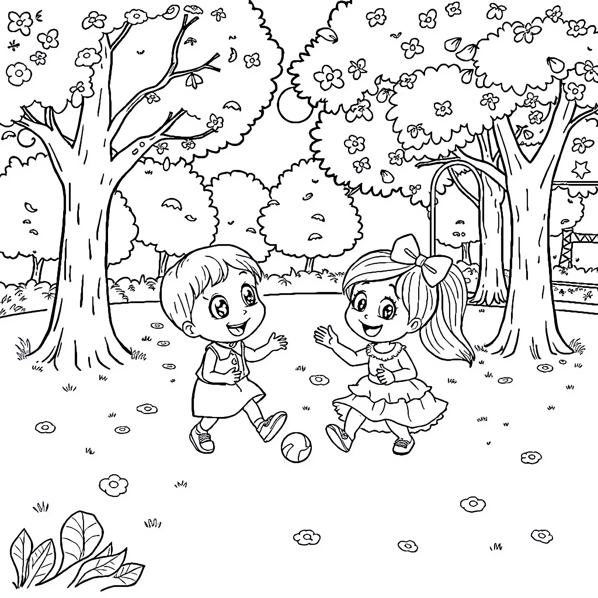 Bubu's Playful Adventure in the Enchanted Forest Coloring Page (free black-and-white line drawing printable PDF for all, from beginners to advanced learners, including children, teens, adults, and seniors)