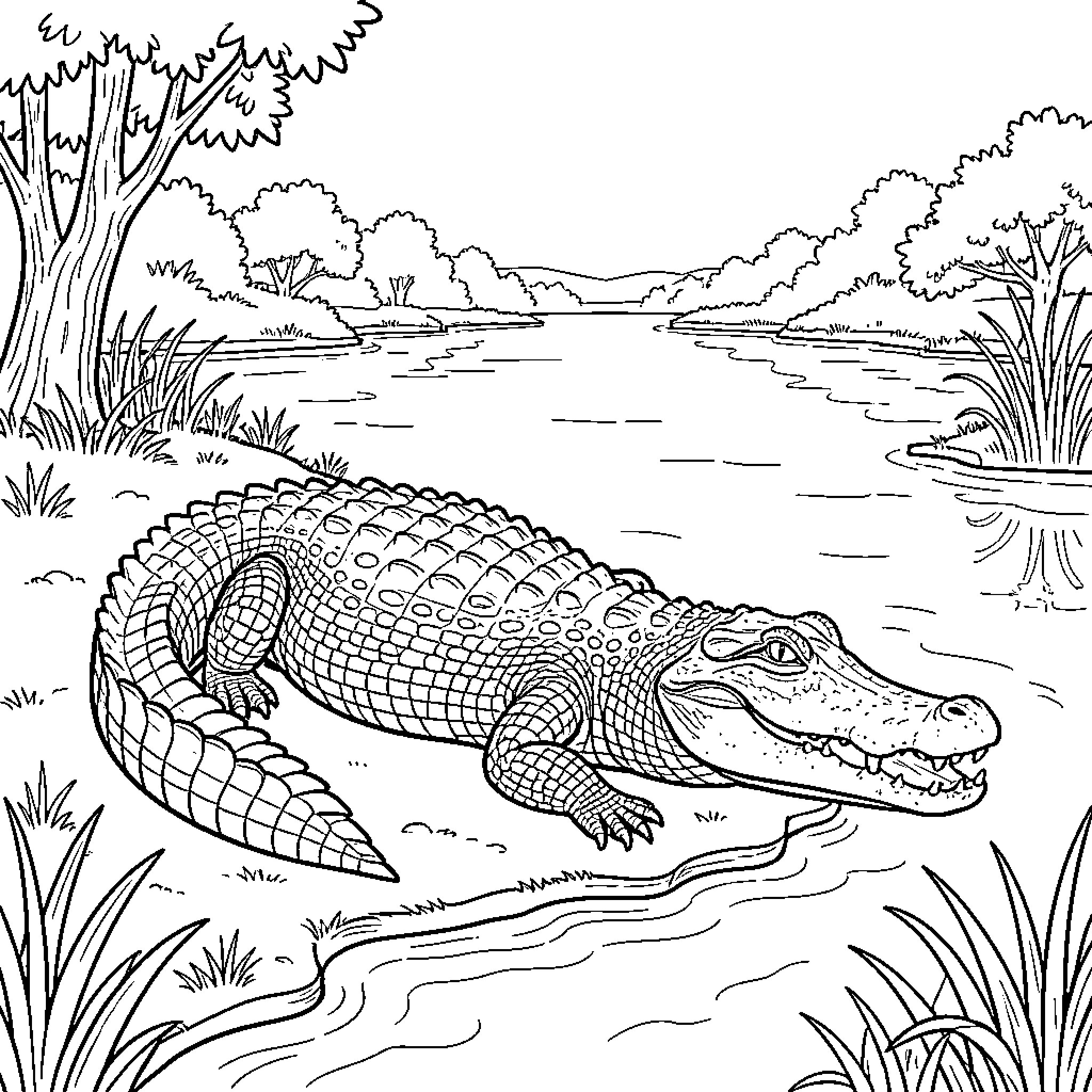 Crocodile resting in the serene river landscape Coloring Page (free black-and-white line drawing printable PDF for all, from beginners to advanced learners, including children, teens, adults, and seniors)