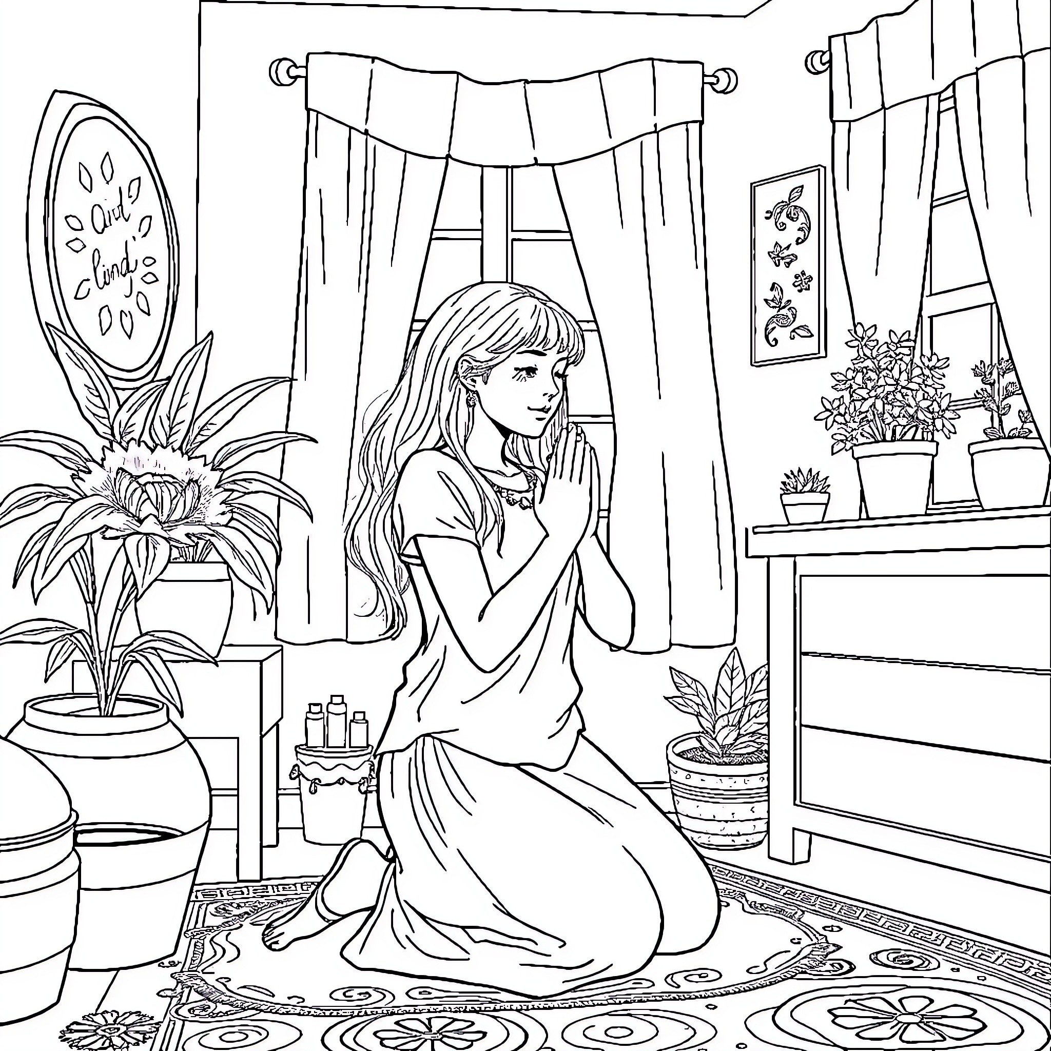 Teenager in a Serene and Contemplative Setting Coloring Page (free black-and-white line drawing printable PDF for all, from beginners to advanced learners, including children, teens, adults, and seniors)