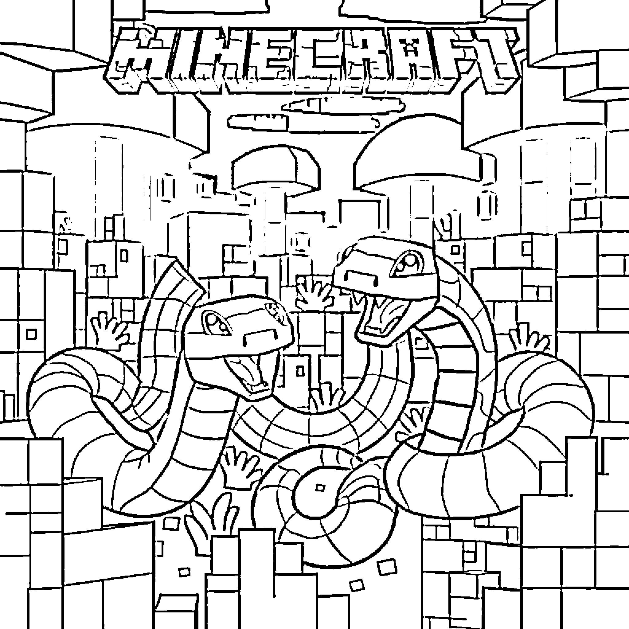 Snake-like creatures in a futuristic city landscape Coloring Page (free black-and-white line drawing printable PDF for all, from beginners to advanced learners, including children, teens, adults, and seniors)
