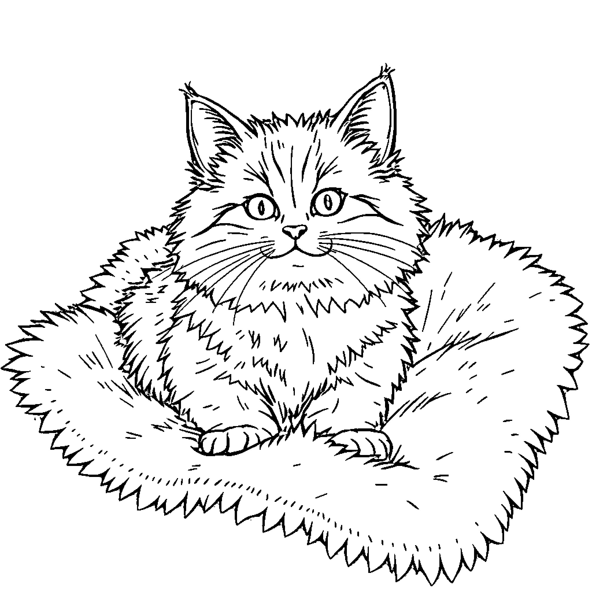 Cat in a fluffy outline Coloring Page (free black-and-white line drawing printable PDF for all, from beginners to advanced learners, including children, teens, adults, and seniors)