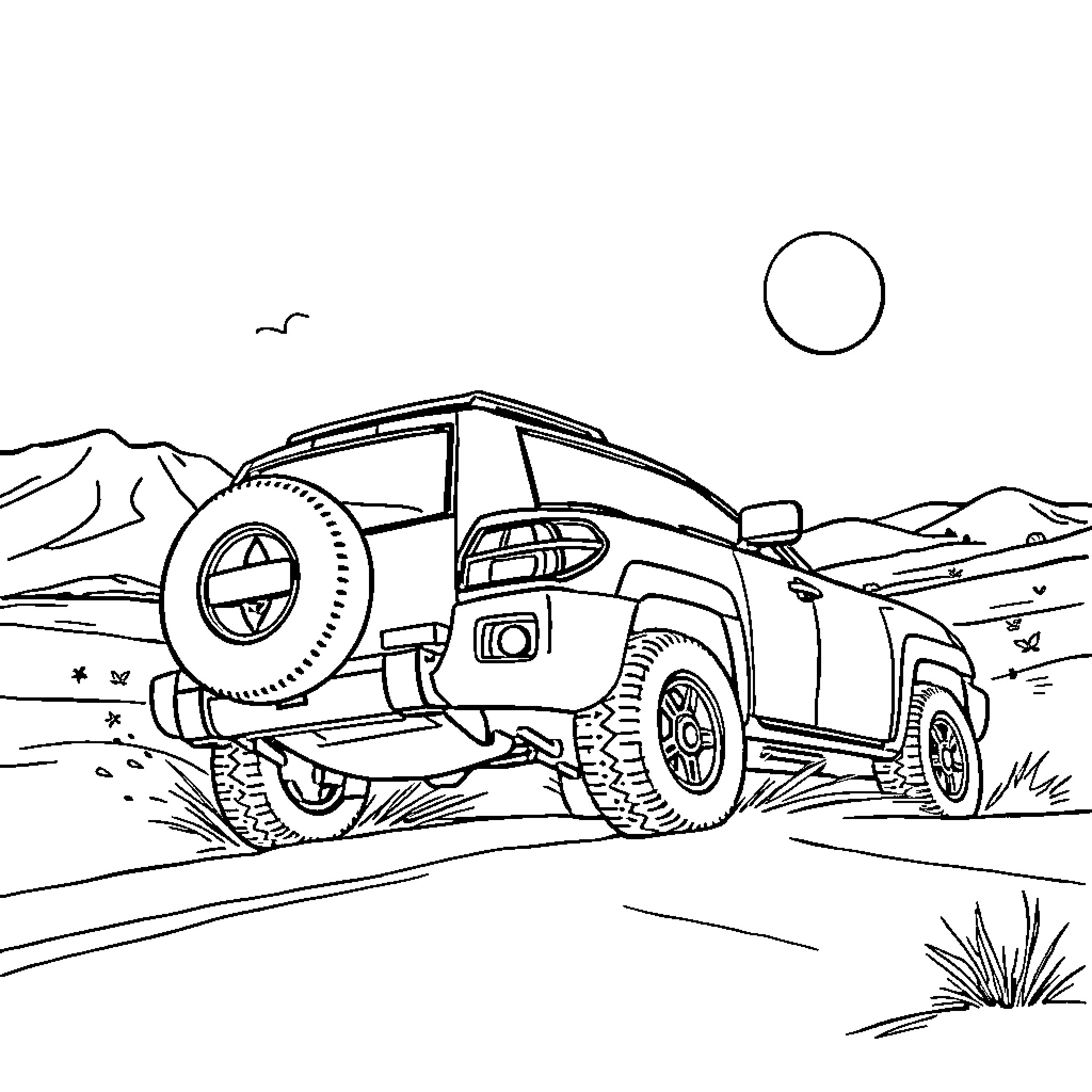 Nissan Patrol off-road adventure in the desert Coloring Page (free black-and-white line drawing printable PDF for all, from beginners to advanced learners, including children, teens, adults, and seniors)
