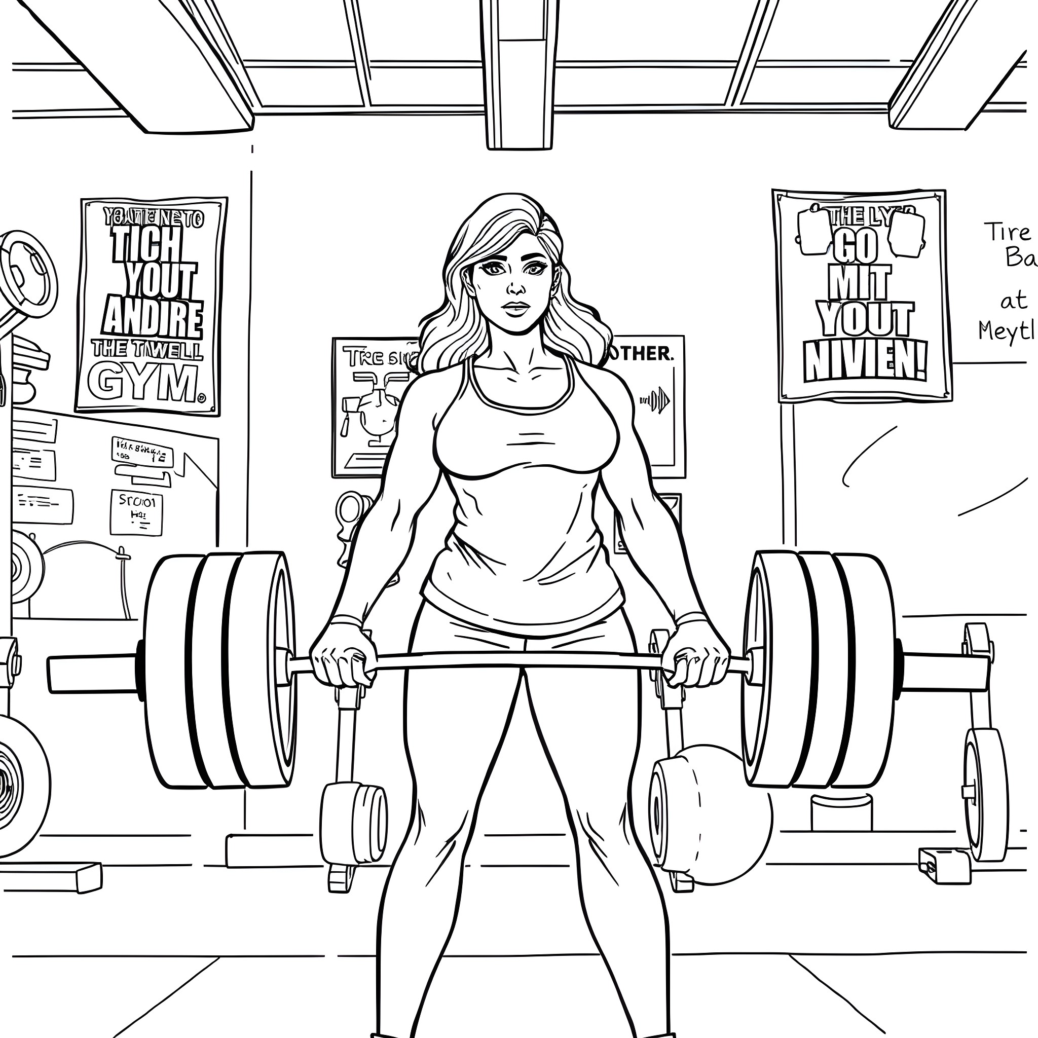 Mama Lifts Heavy Weights at the Gym Coloring Page (free black-and-white line drawing printable PDF for all, from beginners to advanced learners, including children, teens, adults, and seniors)